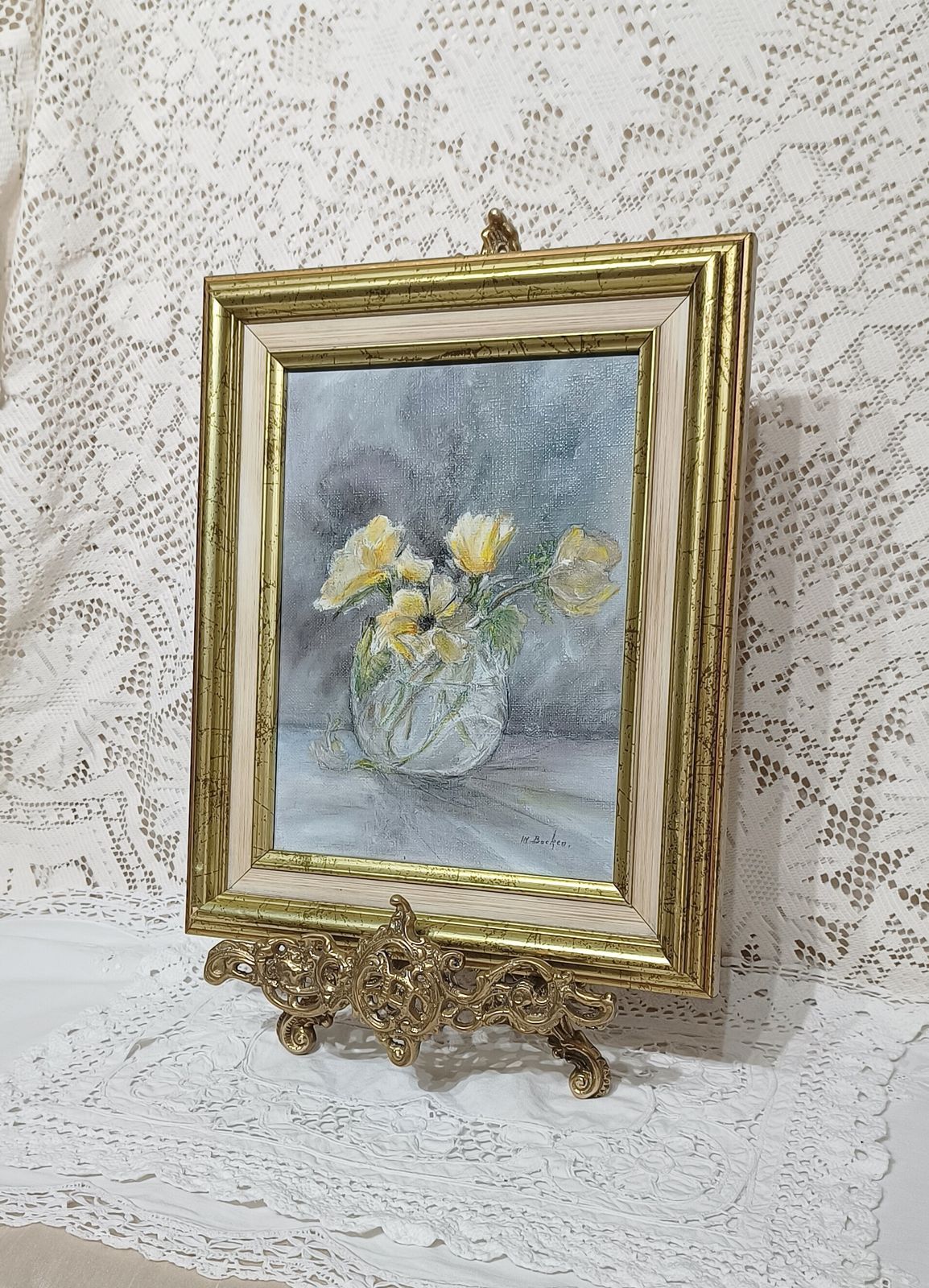 Floral Oil Painting Still Life Yellow Flowers In A Glass Signed. photo furniture