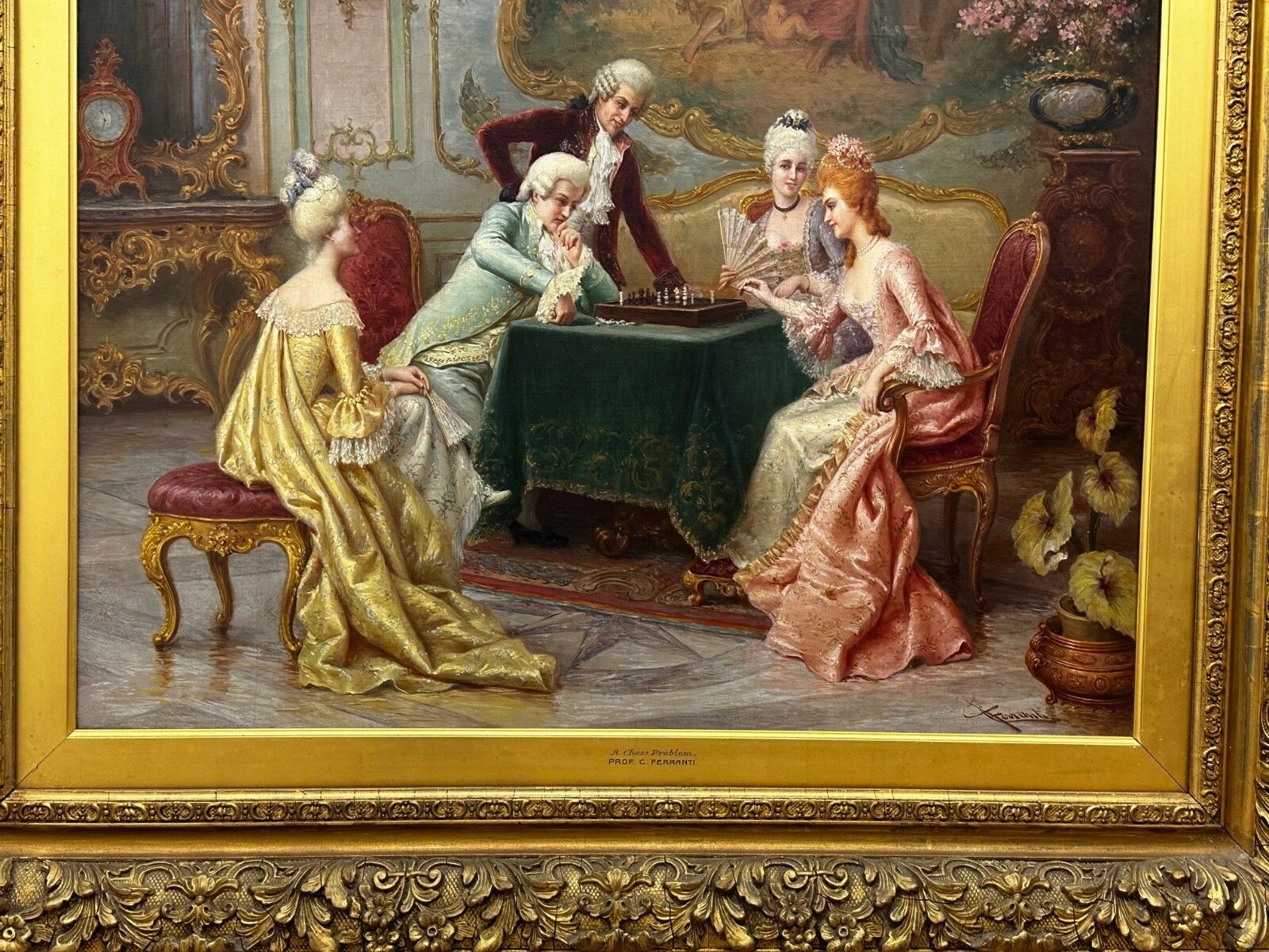 19e-eeuws olieverfchilderij "A Chess Problem", gesigneerd door Carlo Ferranti, verguld ingelijst photo for sale