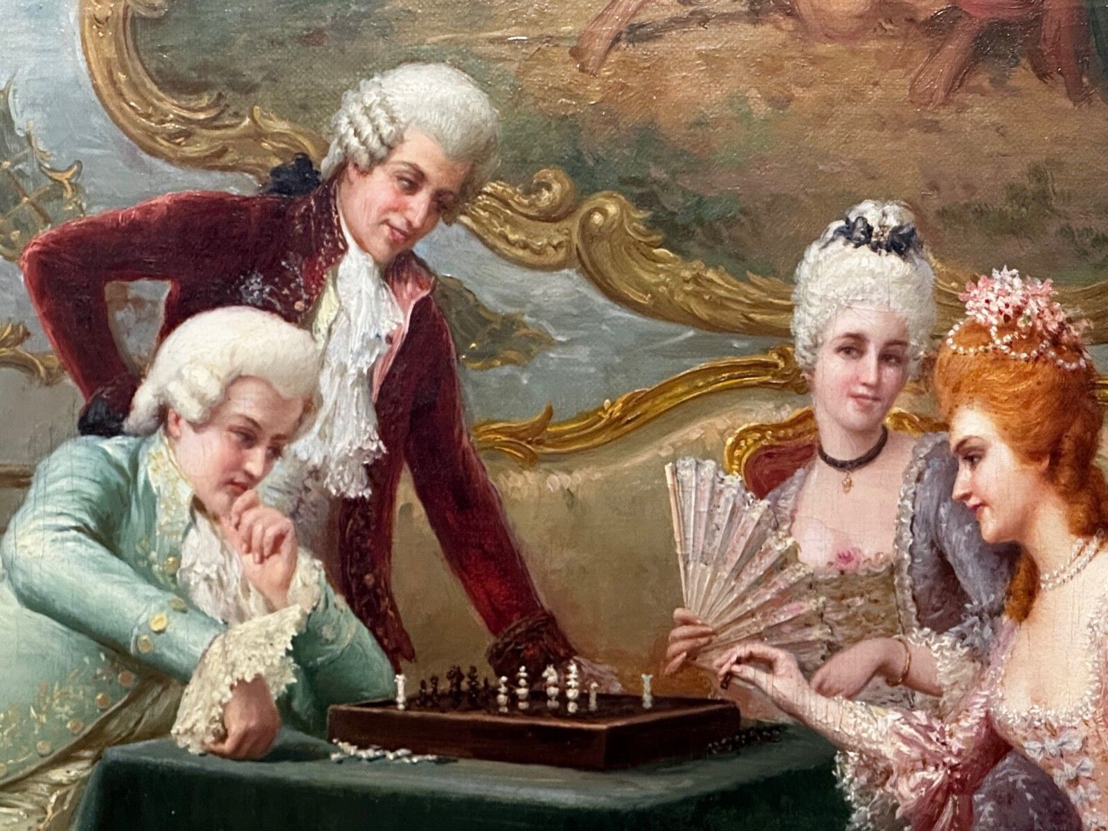 19e-eeuws olieverfchilderij "A Chess Problem", gesigneerd door Carlo Ferranti, verguld ingelijst photo vintage