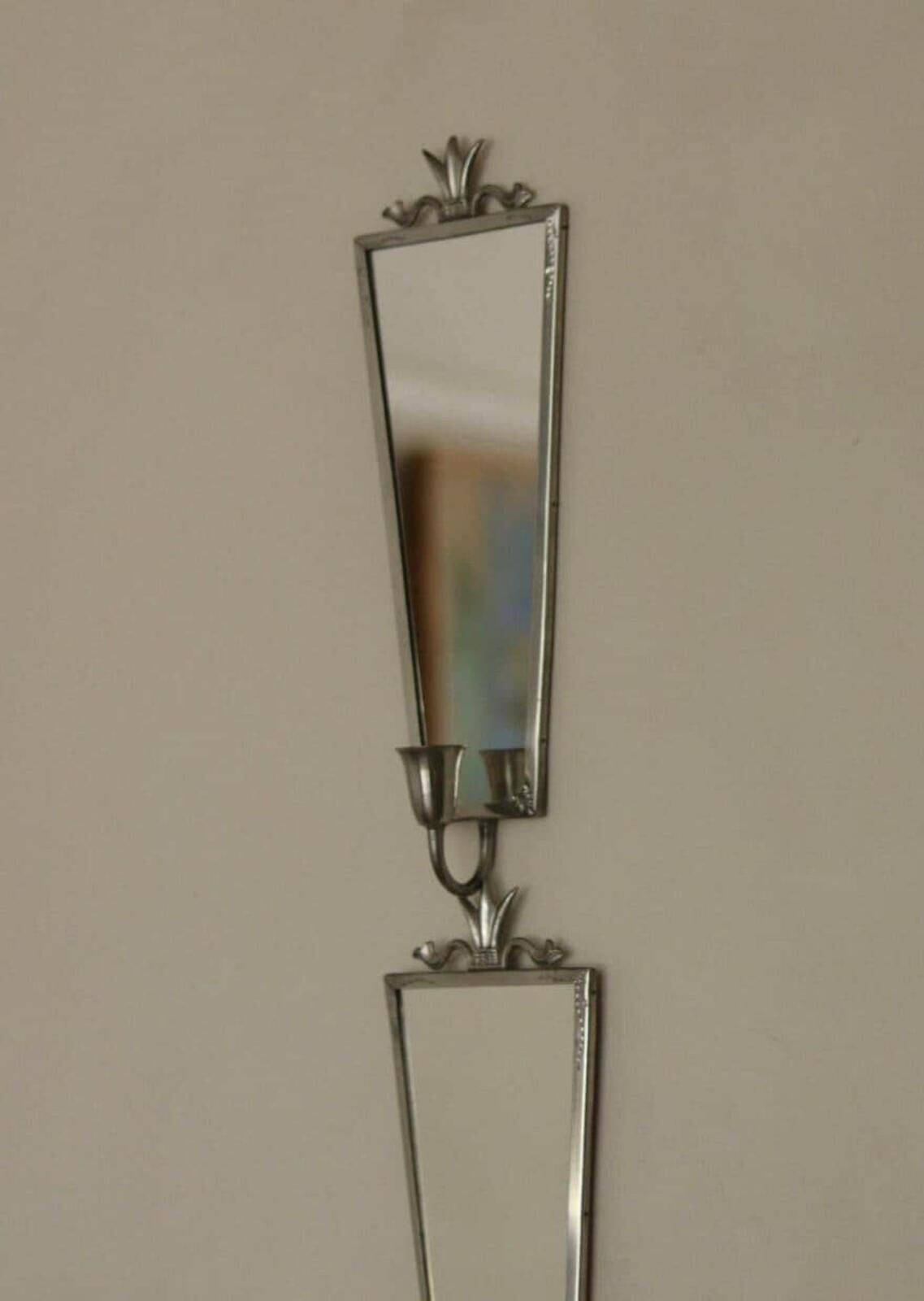 Pair Of Mid Century Swedish Pewter Sconces With Mirror photo for sale