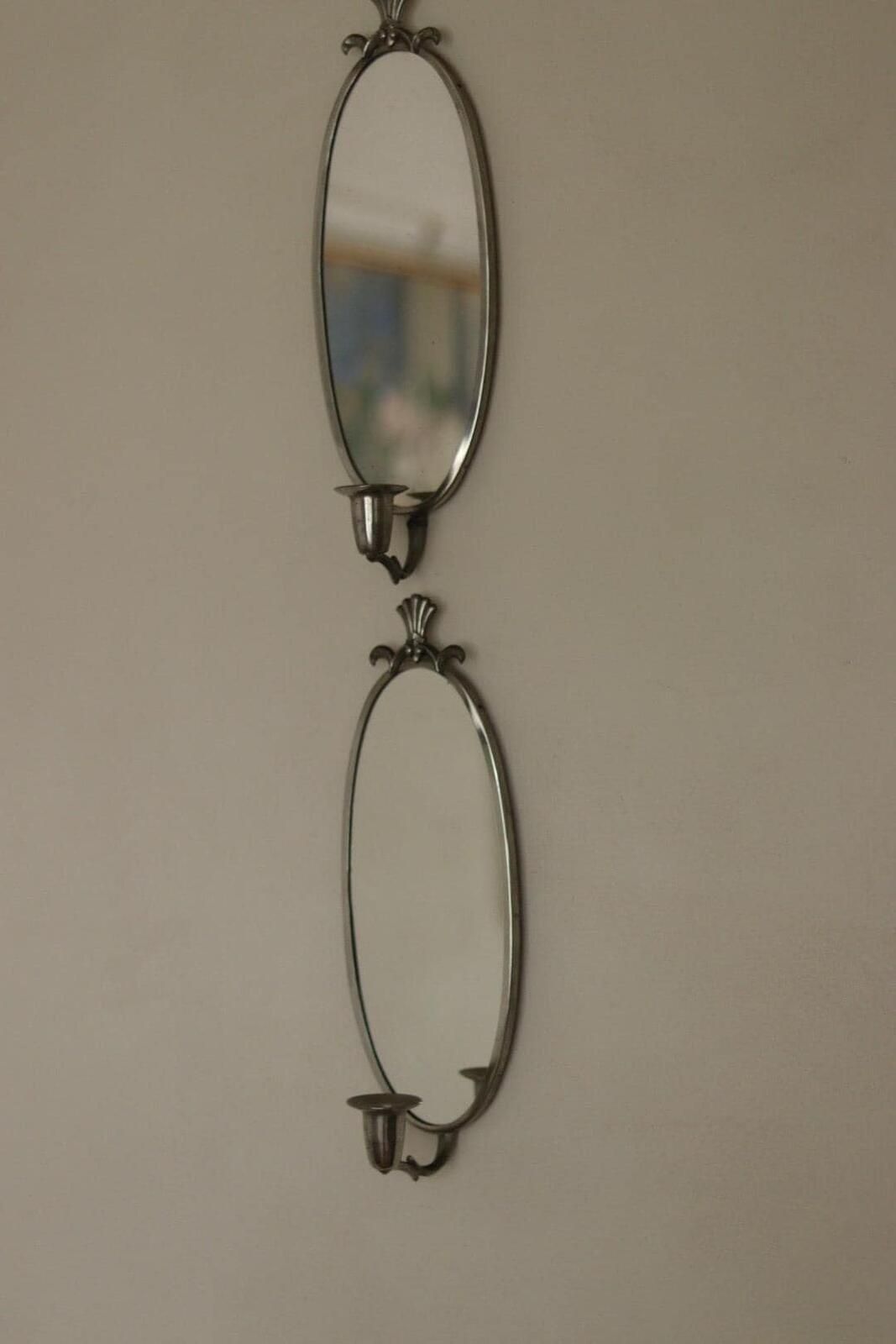 Pair Of Mid Century Swedish Pewter Sconces With Mirror