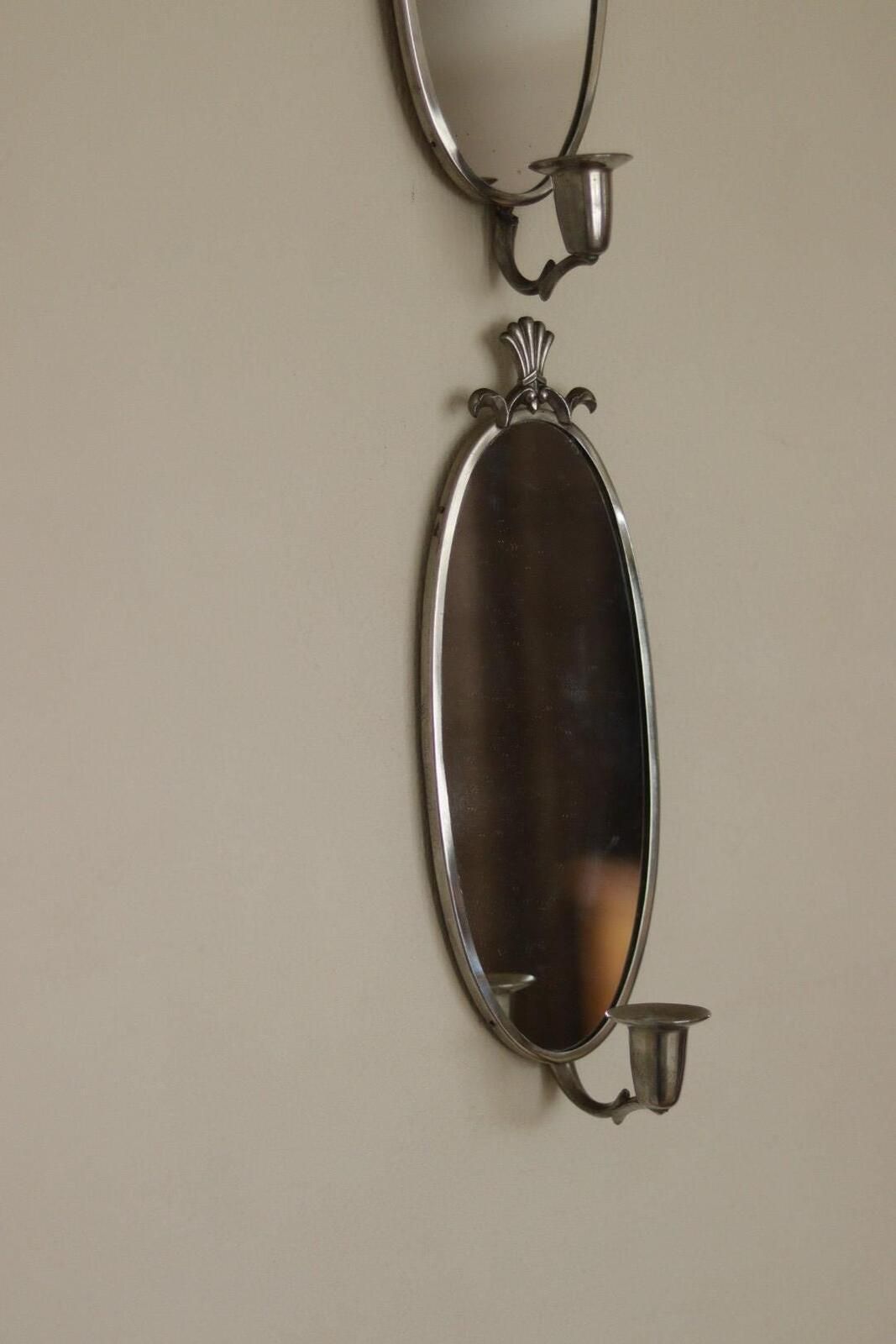 Pair Of Mid Century Swedish Pewter Sconces With Mirror photo Home Decor