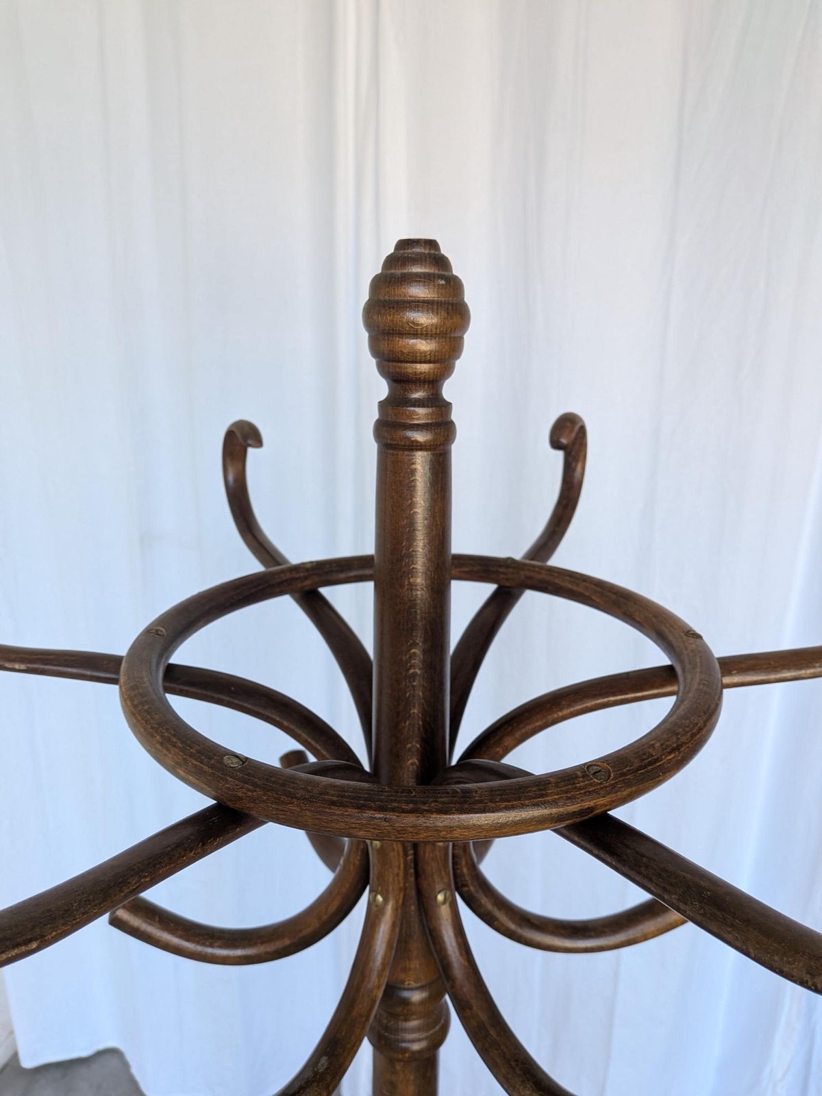 photo for sale Vintage Bentwood Coat Stand In Thonet Style / Dark Wood Coat Rack With Umbrella Ring