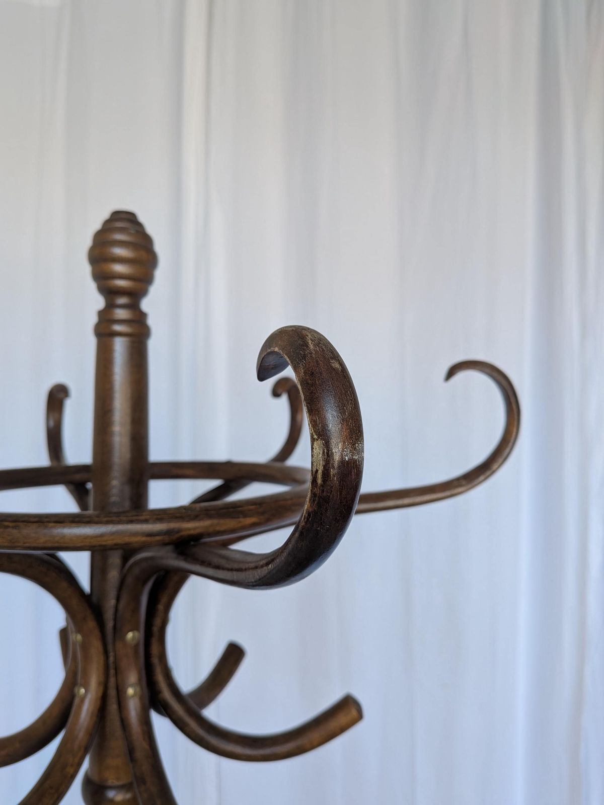 photo vinterior Vintage Bentwood Coat Stand In Thonet Style / Dark Wood Coat Rack With Umbrella Ring