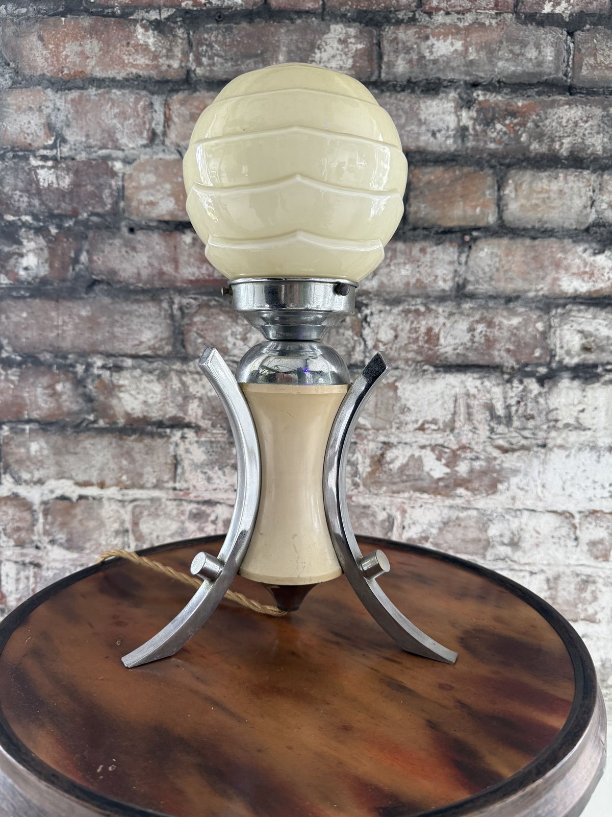 French Art Deco Table Lamp, Pale Lemon Body, Chrome Legs, Globe Shade photo vinterior