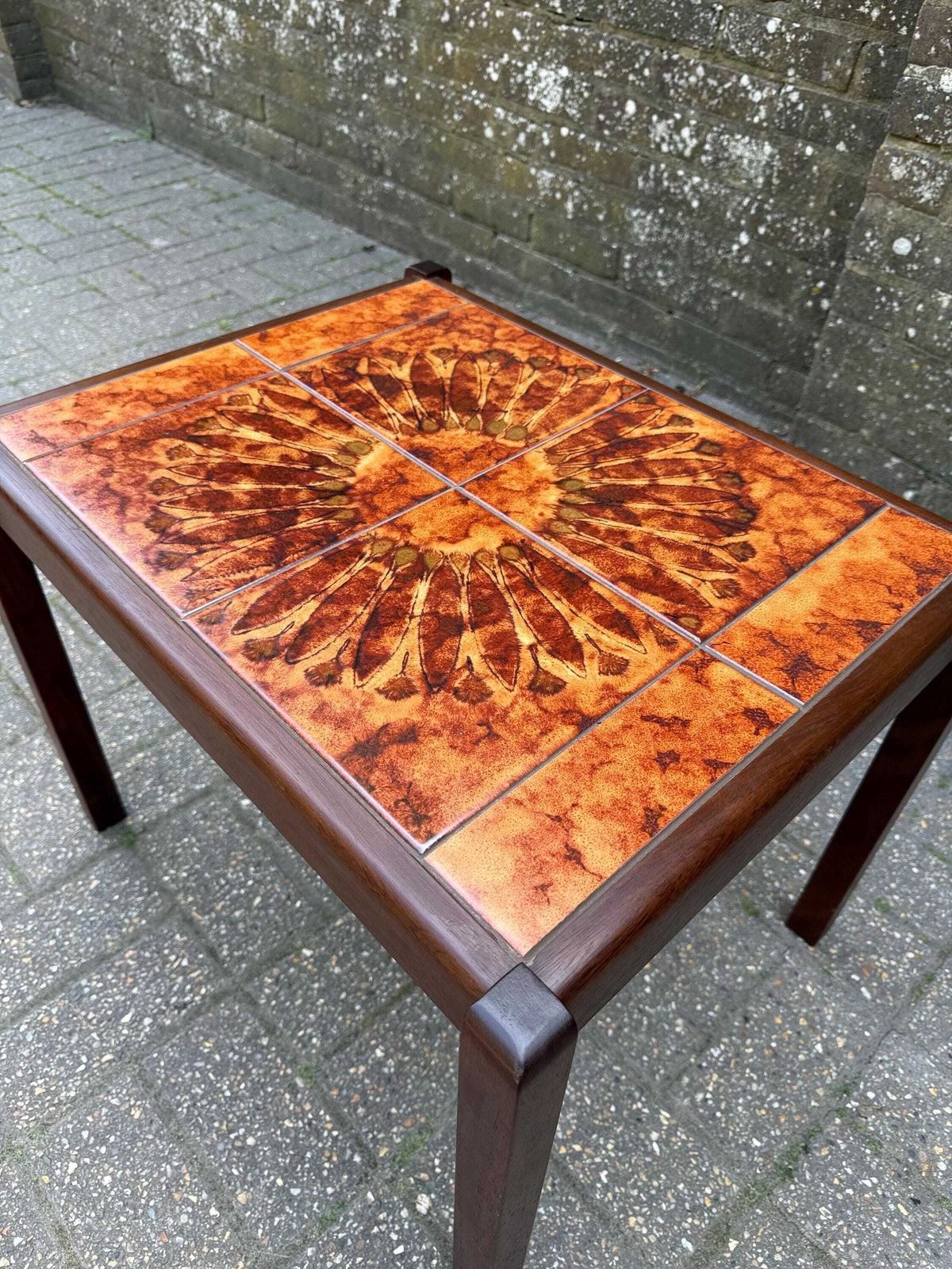 Vintage 1980s Tile Top Coffee Table Mid Century Style Ceramic (Stamped 1981) L photo for sale