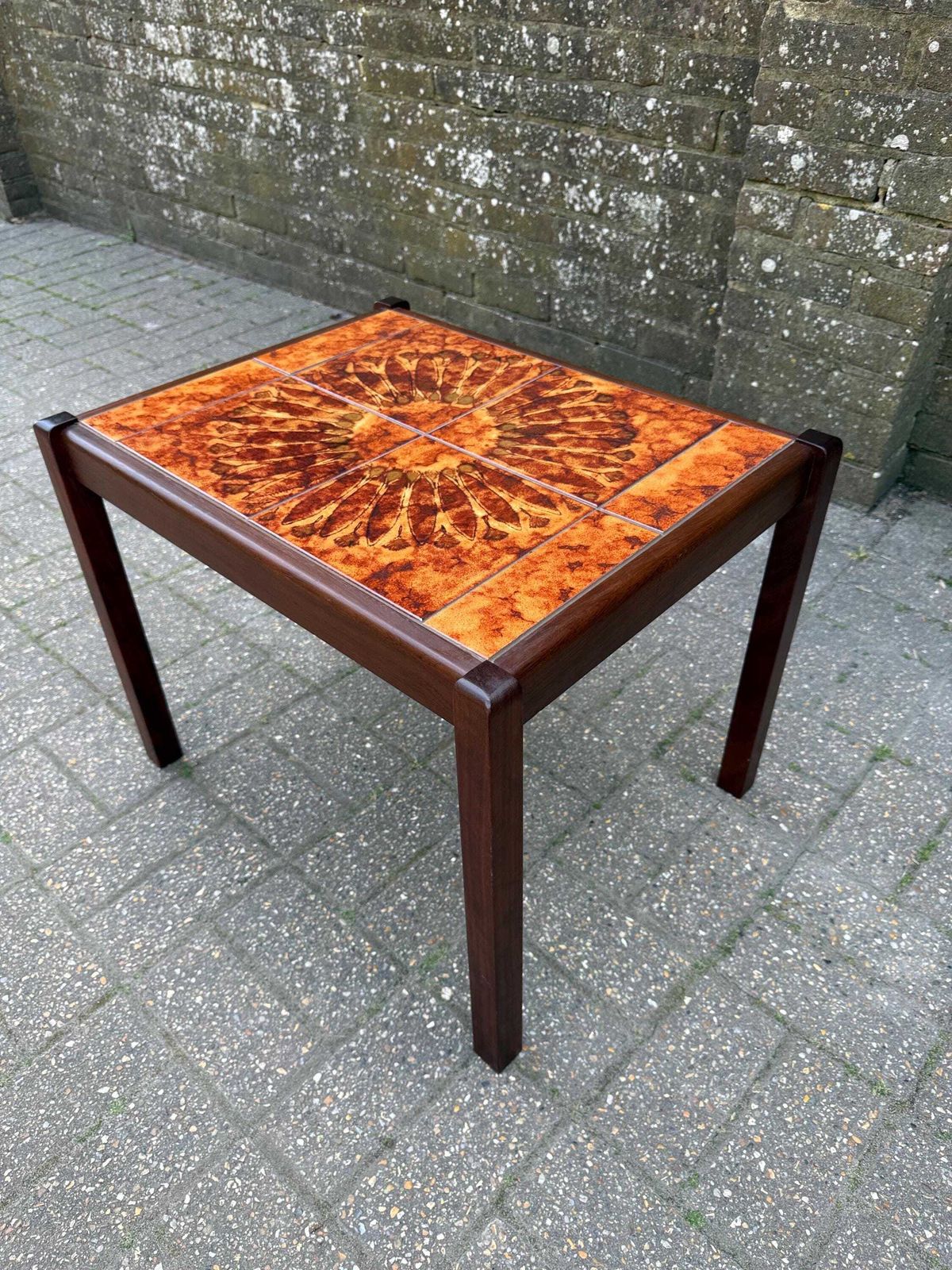 photo for sale Vintage 1980s Tile Top Coffee Table Mid Century Style Ceramic (Stamped 1981) L