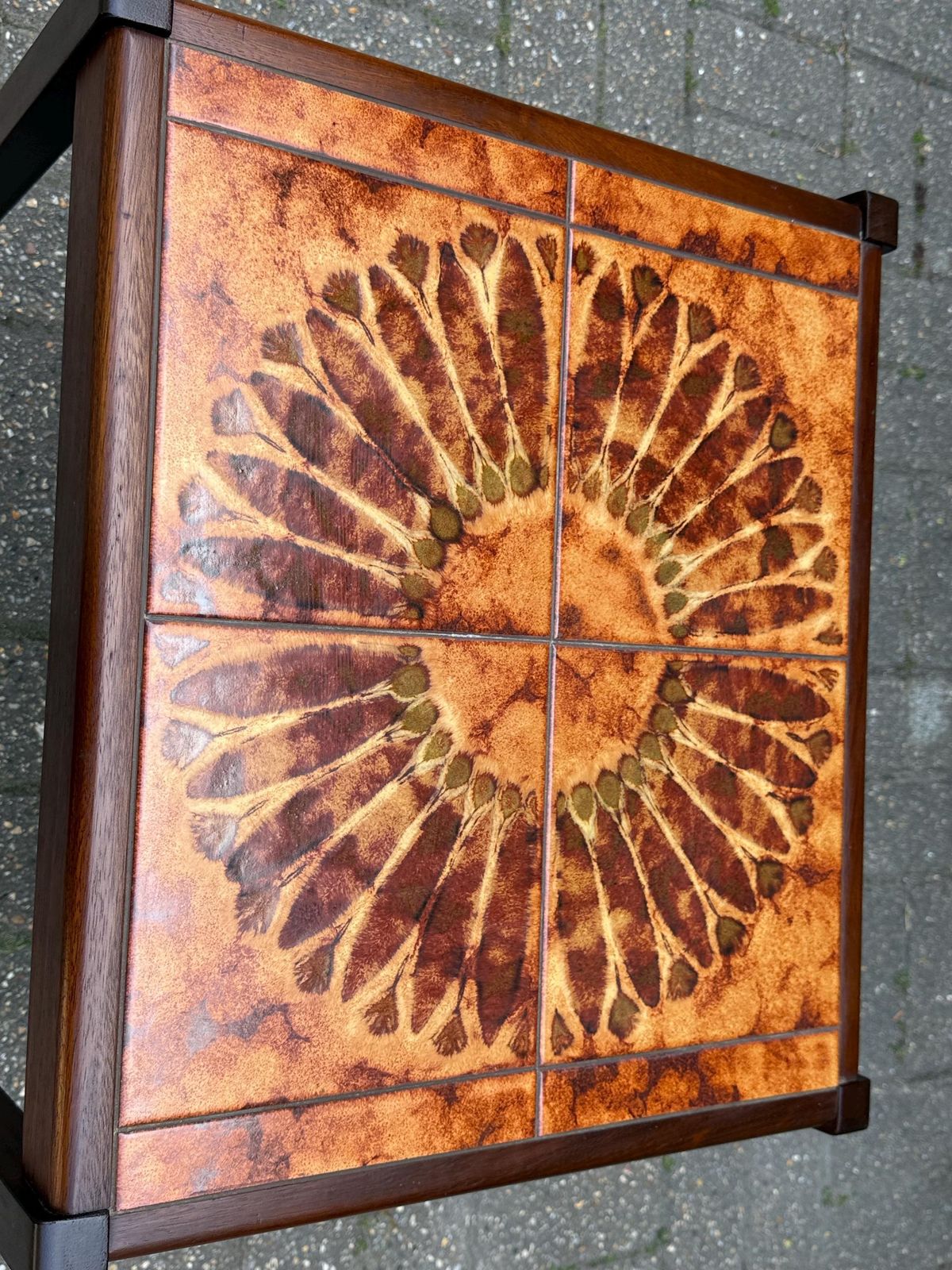 Vintage 1980s Tile Top Coffee Table Mid Century Style Ceramic (Stamped 1981) M photo for sale