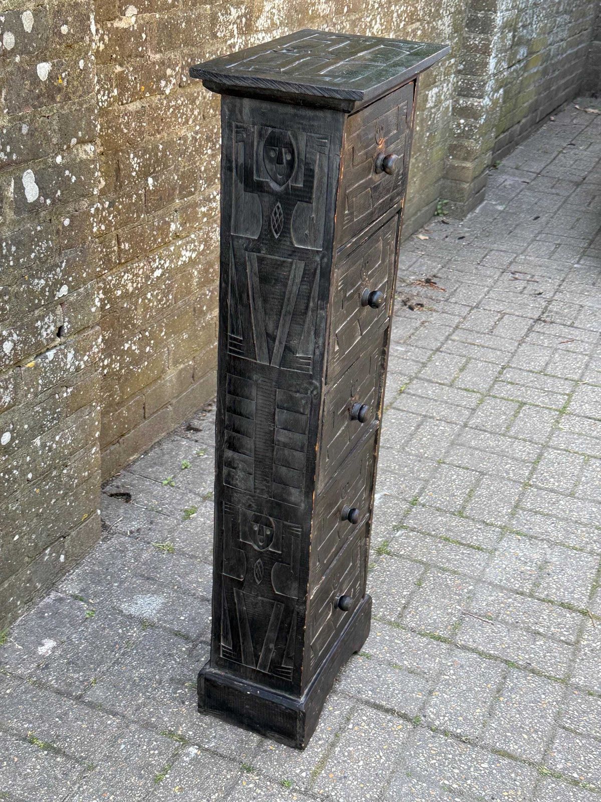 Vintage Rustic Folk Art Drawer Cabinet Black Carved Wood Storage Unit photo for sale