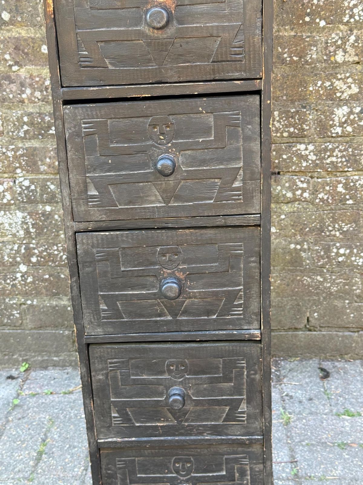 Vintage Rustic Folk Art Drawer Cabinet Black Carved Wood Storage Unit photo buy