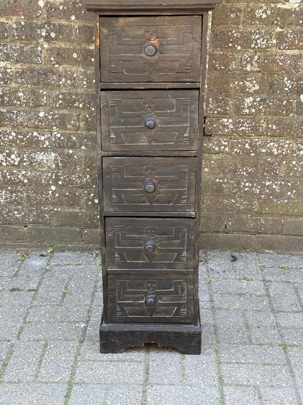 photo for sale Vintage Rustic Folk Art Drawer Cabinet Black Carved Wood Storage Unit