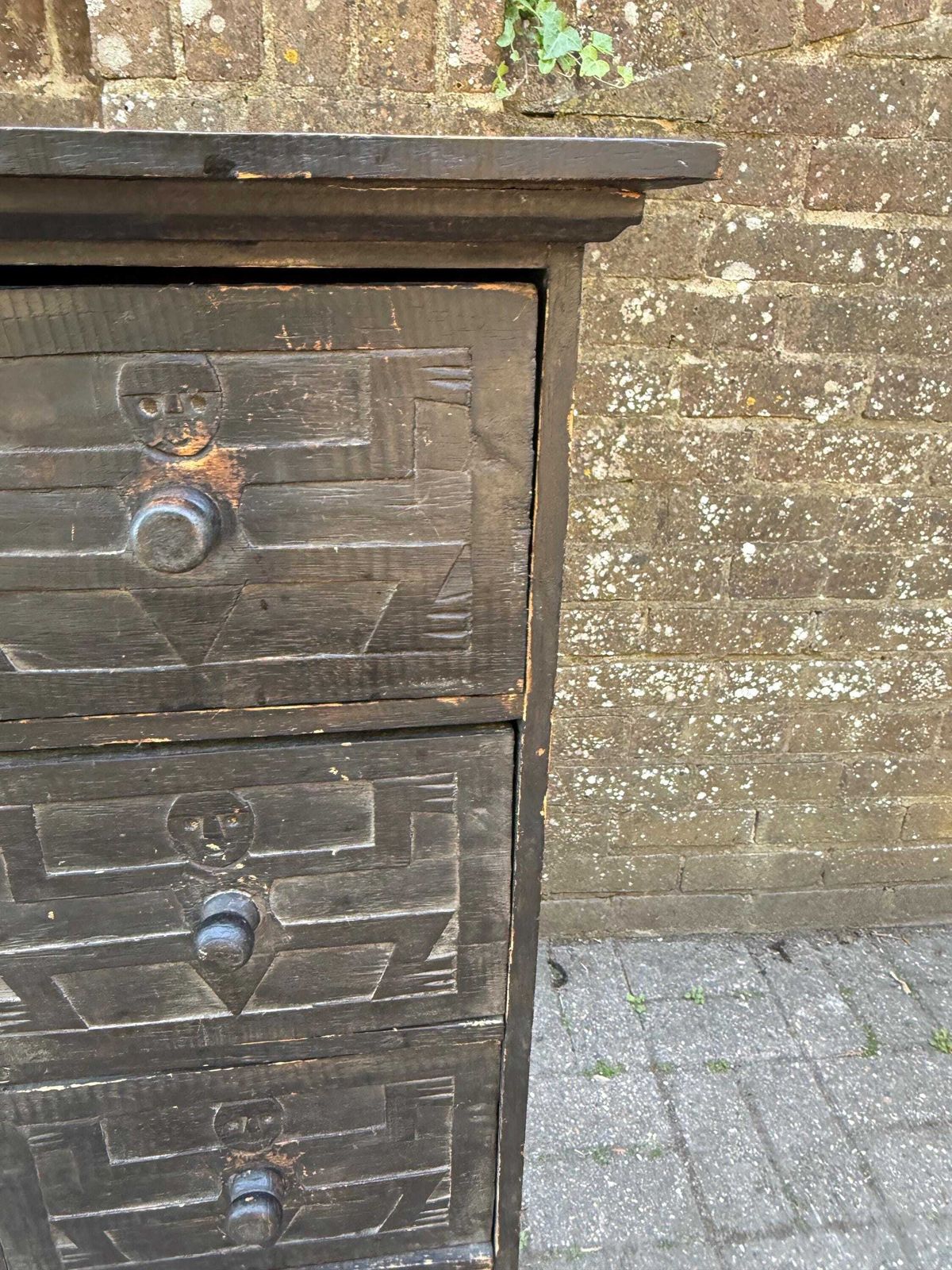 photo vintage Vintage Rustic Folk Art Drawer Cabinet Black Carved Wood Storage Unit