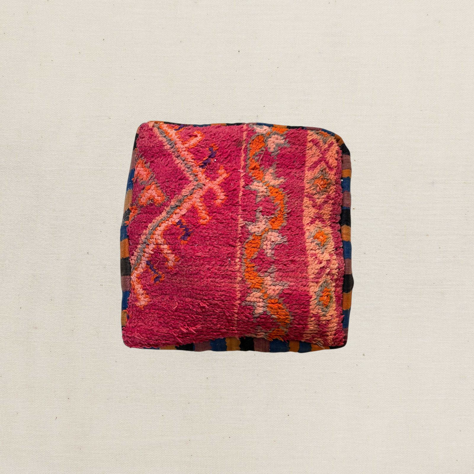 Vintage Moroccan Kilim & Wool Pile Pouffe | Pink, Coral & Orange Tribal