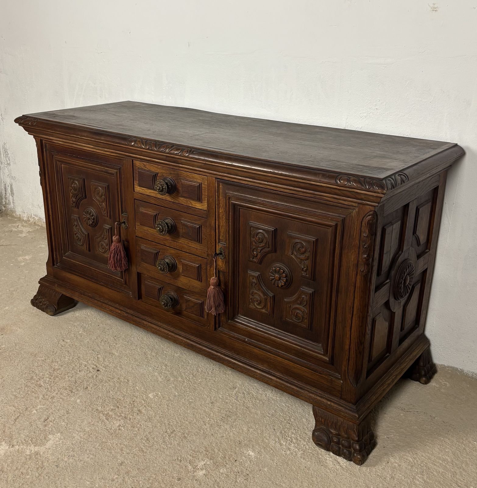Spaans Renaissance-stijl Eiken Laag Dressoir, Begin 20e Eeuw, Met Gesneden Paneel photo 2890.0