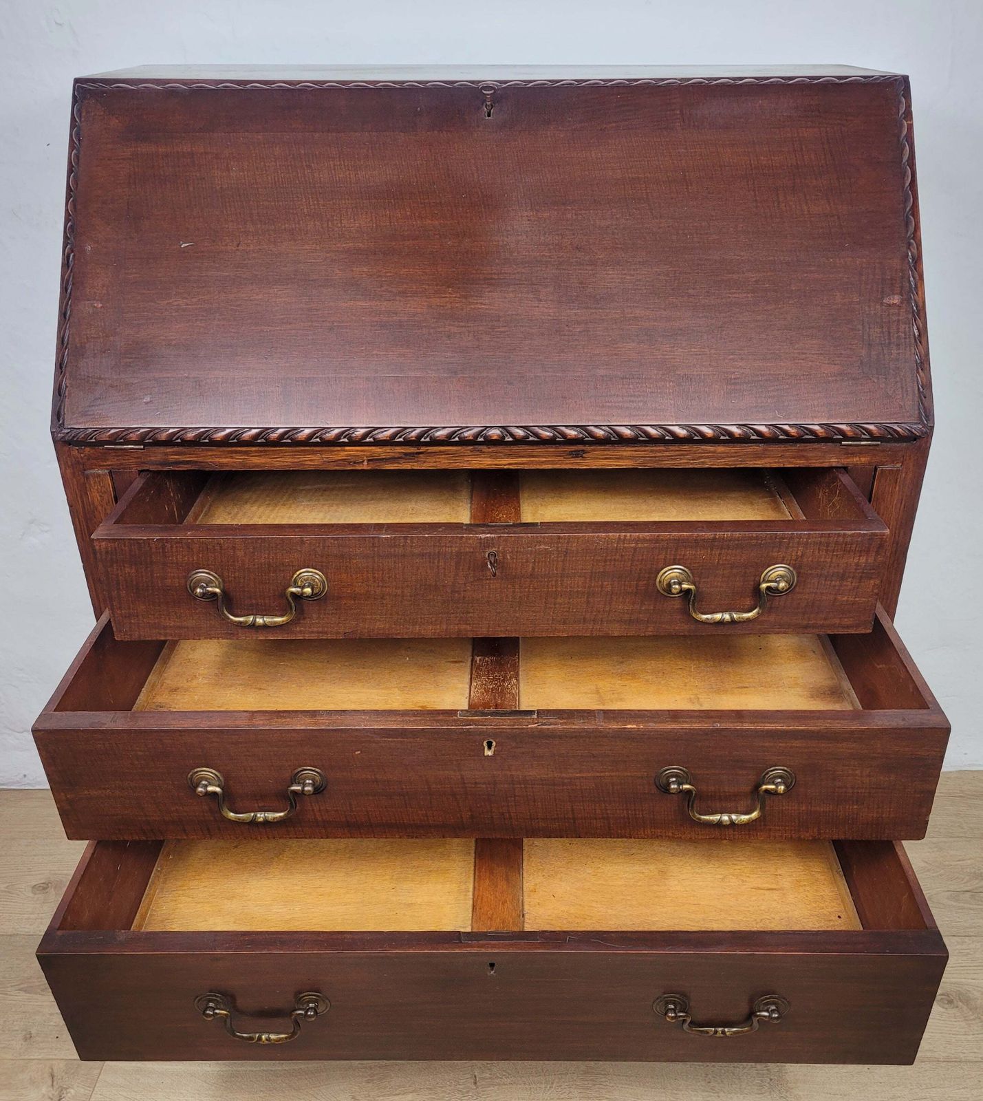 Vintage Writing Bureau Desk Key Lockable Drawers Leather 1930 photo for sale
