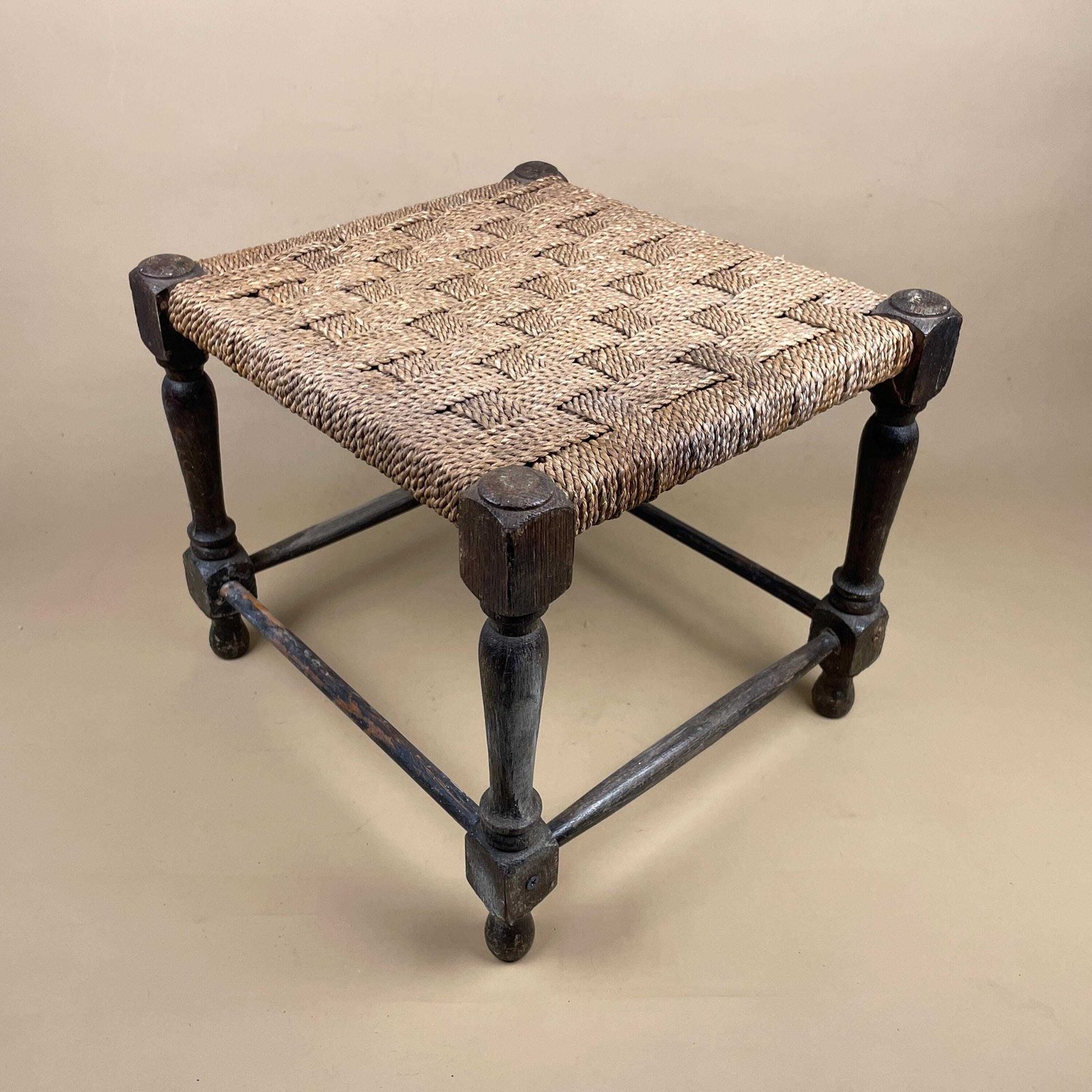 Antique Wooden Foot Stool Woven String Wood Cottage Furniture Rectangle Brown Hallway Seat 29.5x34x30cm Footstool Bench Natural Rush Seat photo for sale
