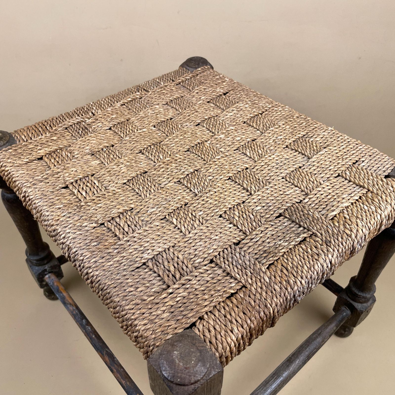 Antique Wooden Foot Stool Woven String Wood Cottage Furniture Rectangle Brown Hallway Seat 29.5x34x30cm Footstool Bench Natural Rush Seat photo Furniture