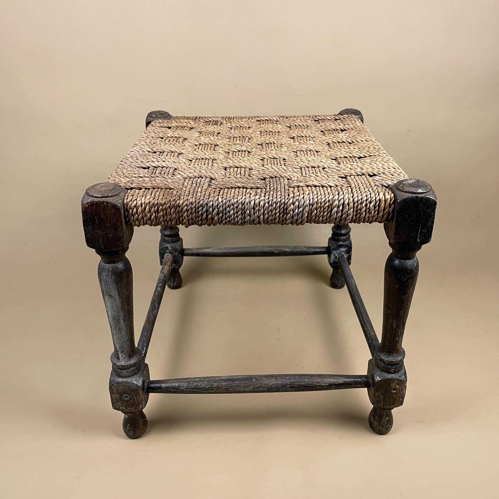 Antique Wooden Foot Stool Woven String Wood Cottage Furniture Rectangle Brown Hallway Seat 29.5x34x30cm Footstool Bench Natural Rush Seat photo vinterior