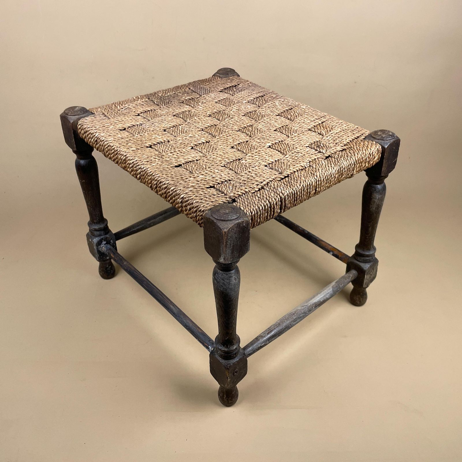 Antique Wooden Foot Stool Woven String Wood Cottage Furniture Rectangle Brown Hallway Seat 29.5x34x30cm Footstool Bench Natural Rush Seat photo vintage