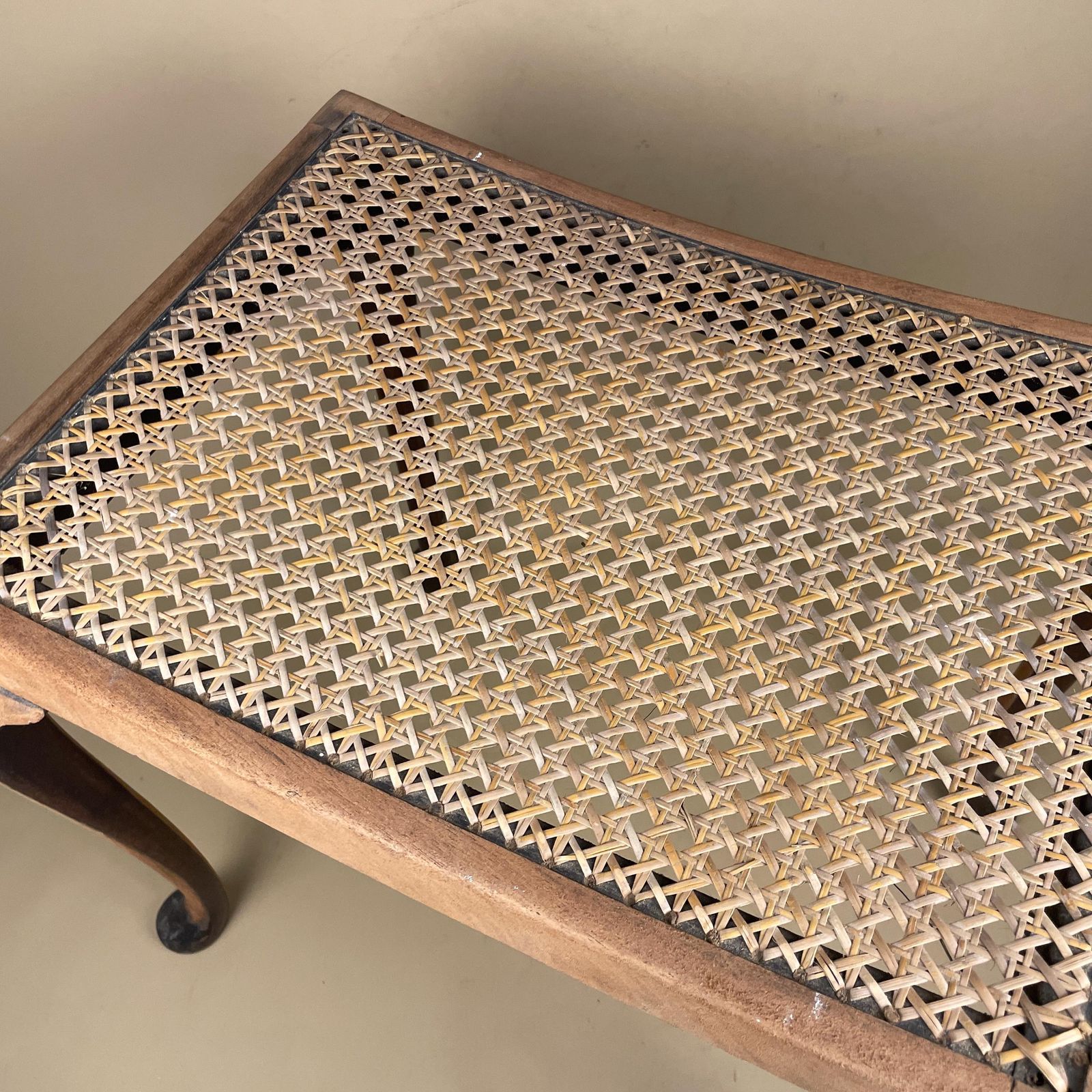 Antique Cane Seat Stool Wood Cabriole Leg Bench Vintage Elegant Traditional Curved Rattan Footstool Hallway Accent Queen Anne Style Project photo vintage