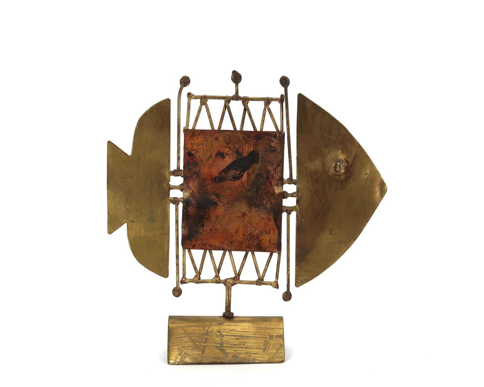 Brass And Copper Fish Sculpture By Jarc, 1950s / Brutalist Art, Home Decor, C Jere Style, Modernist, Modernism photo for sale