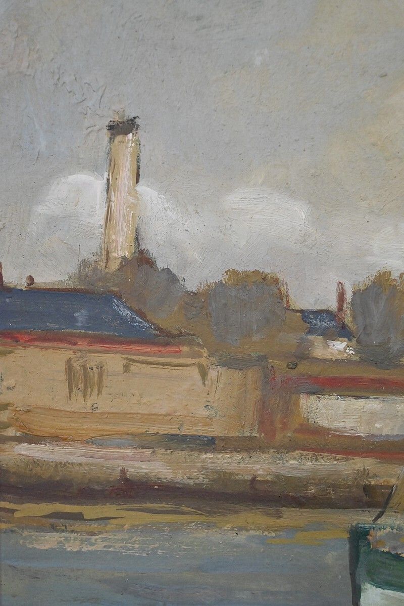 photo furniture Painting "Tuna Boats At Quayside", Oil On Panel, Signed G. Boulard – Mid 20th Century