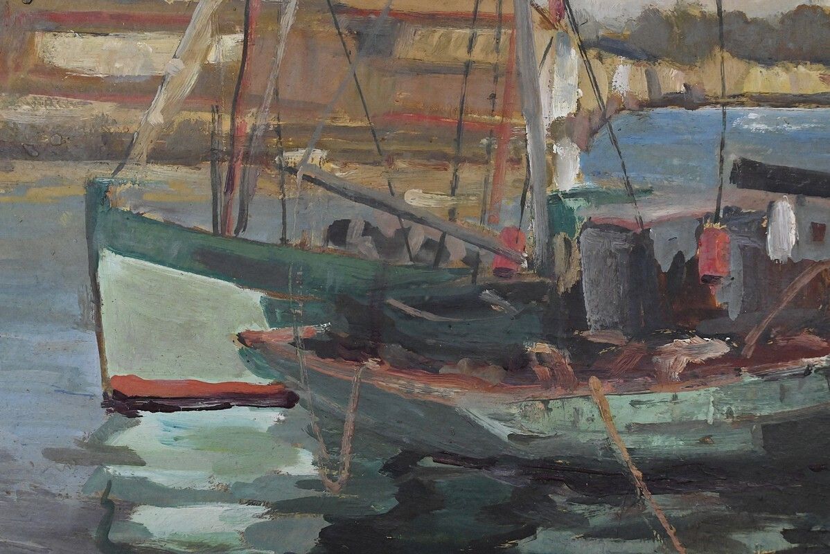 Art Painting "Tuna Boats At Quayside", Oil On Panel, Signed G. Boulard – Mid 20th Century photo