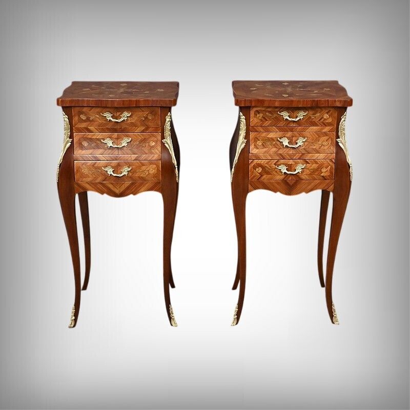 Pair Of Marquetry Bedside Tables, Louis XV Style – Mid 20th Century