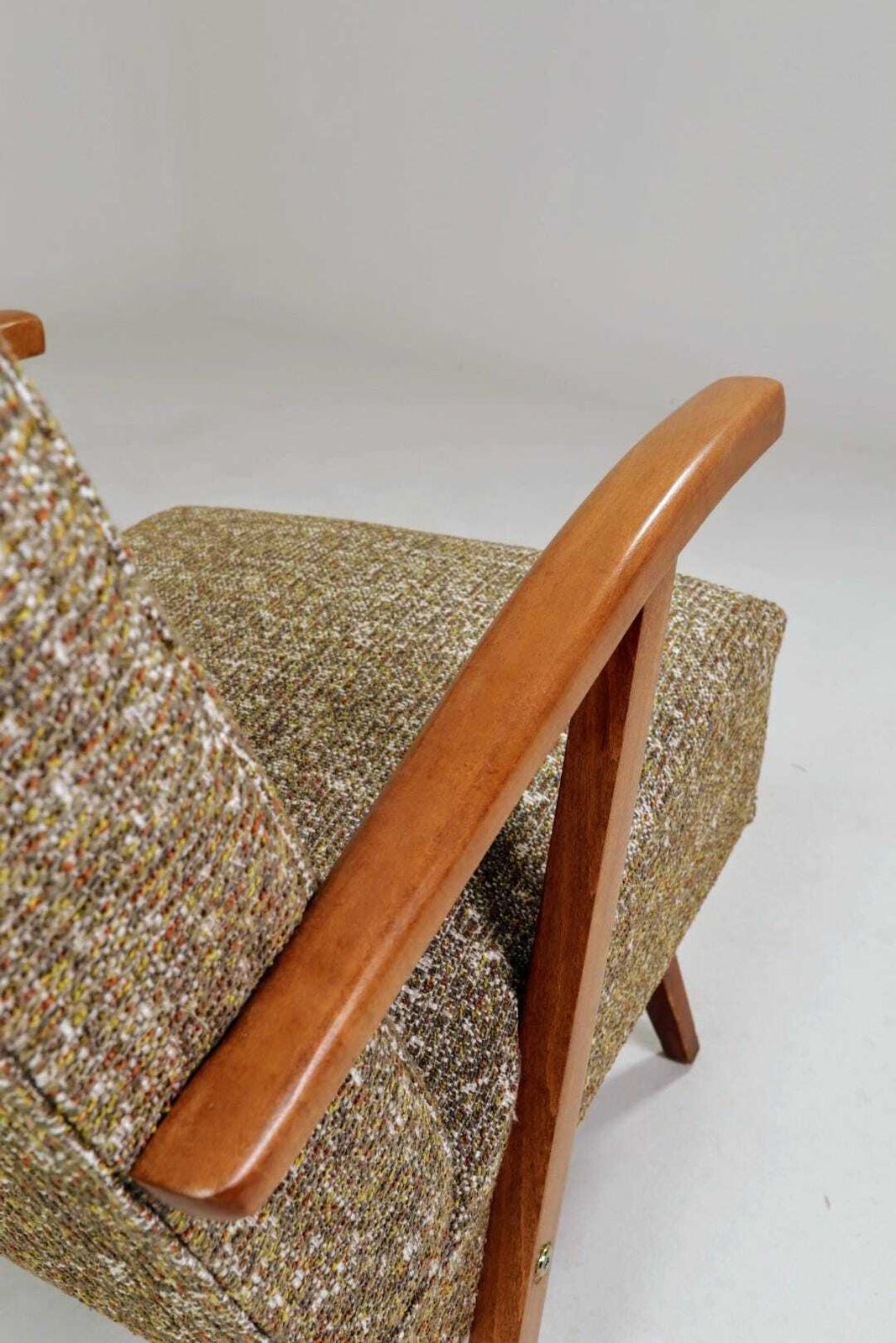 photo for sale Vintage Lounge Chair Green Pattern Upholstery Refurbished, 1970s.