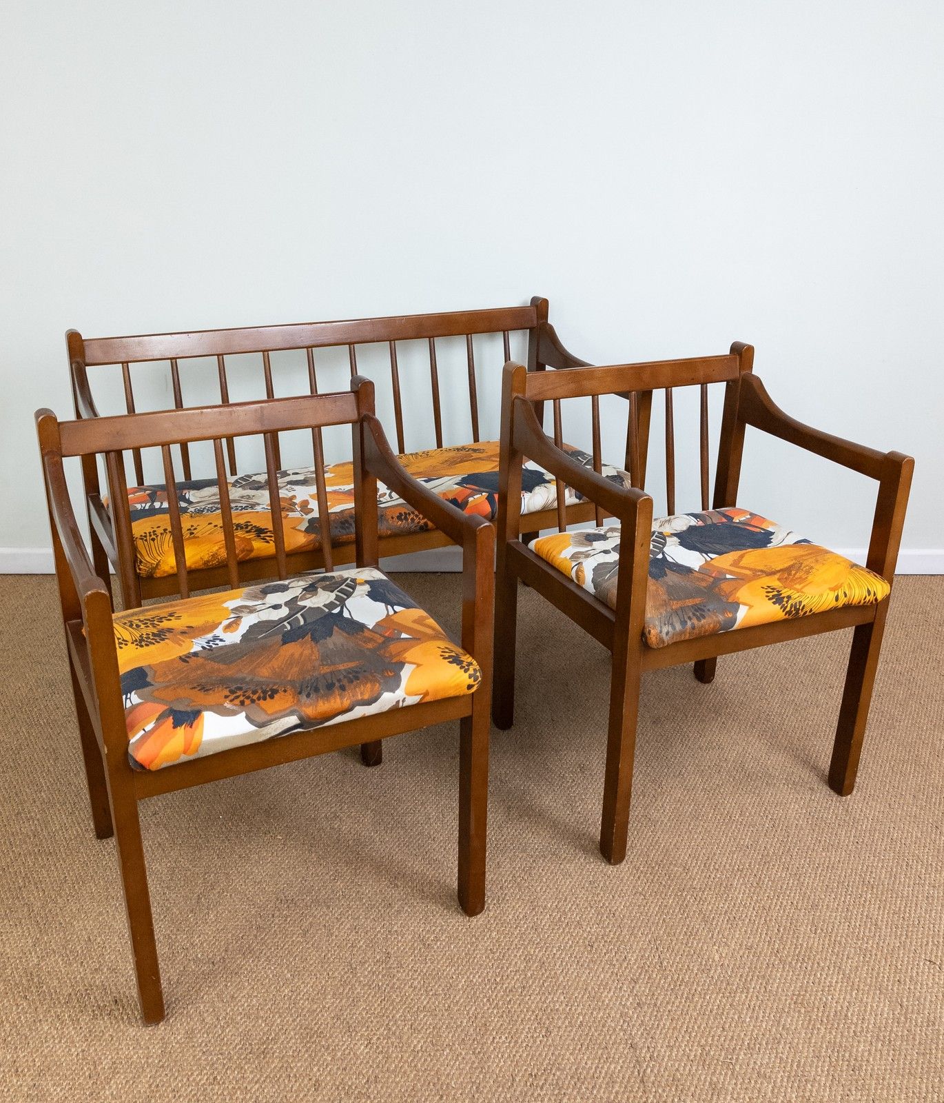 Vintage Mid Century Teak Kitchen Bench And 2 Chairs Set With Upholstered Seats photo furniture