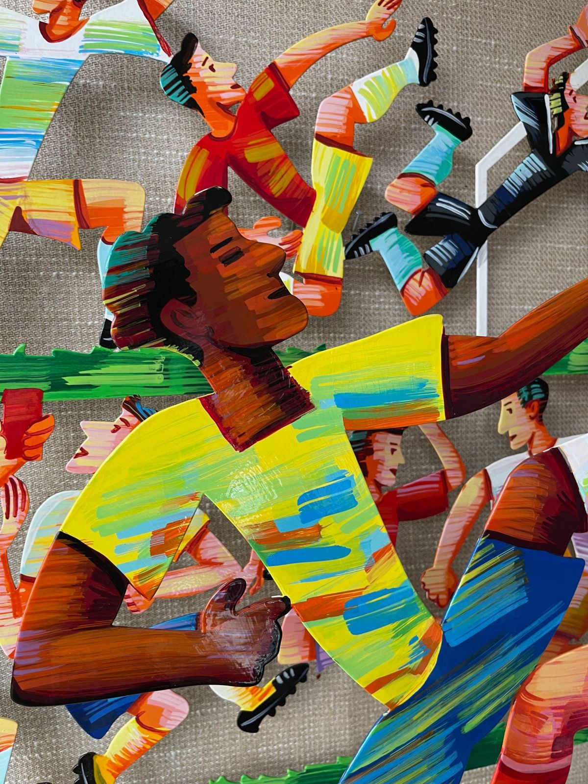 David Gerstein (1944  ), Soccer ,  A Large Two Layer Handpainted Steel Wall Hanging Sculpture , Limited Edition No. 20/150 . A Football Scene. photo furniture