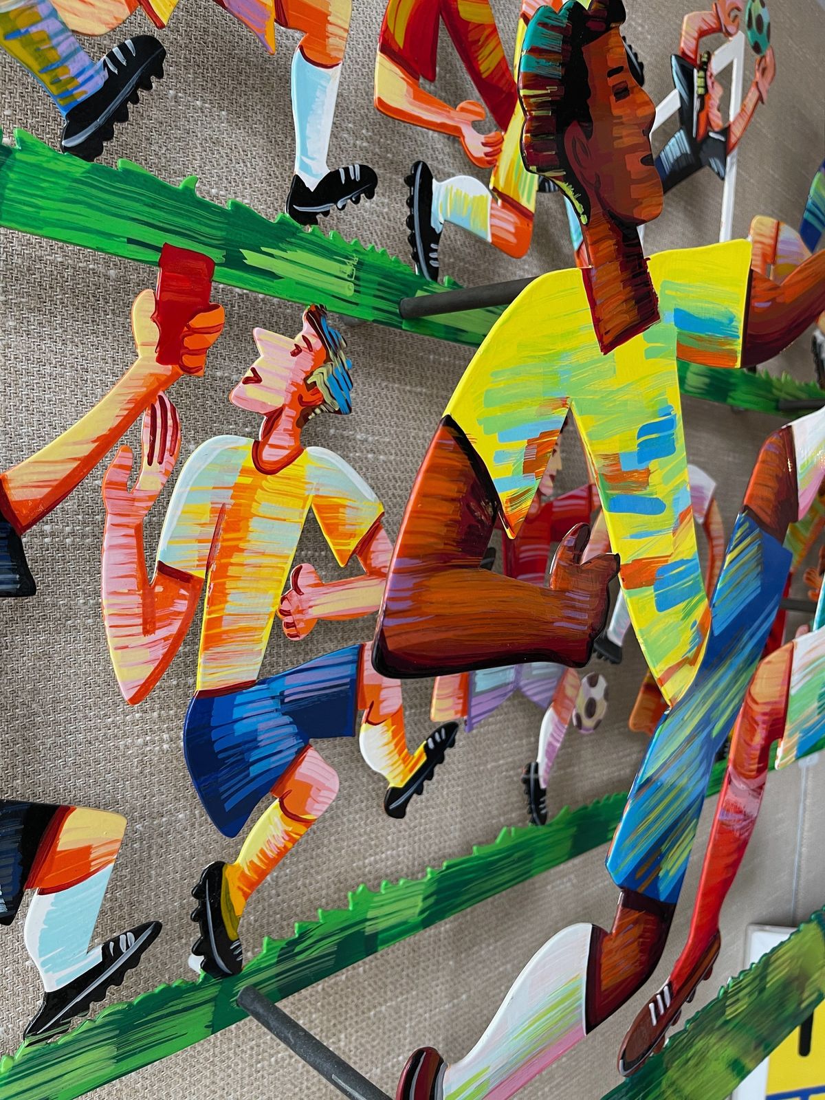 David Gerstein (1944  ), Soccer ,  A Large Two Layer Handpainted Steel Wall Hanging Sculpture , Limited Edition No. 20/150 . A Football Scene. photo Art