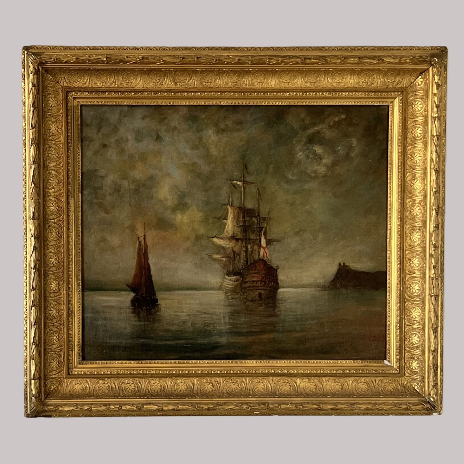 Antique Oil On Canvas Of A Seascape