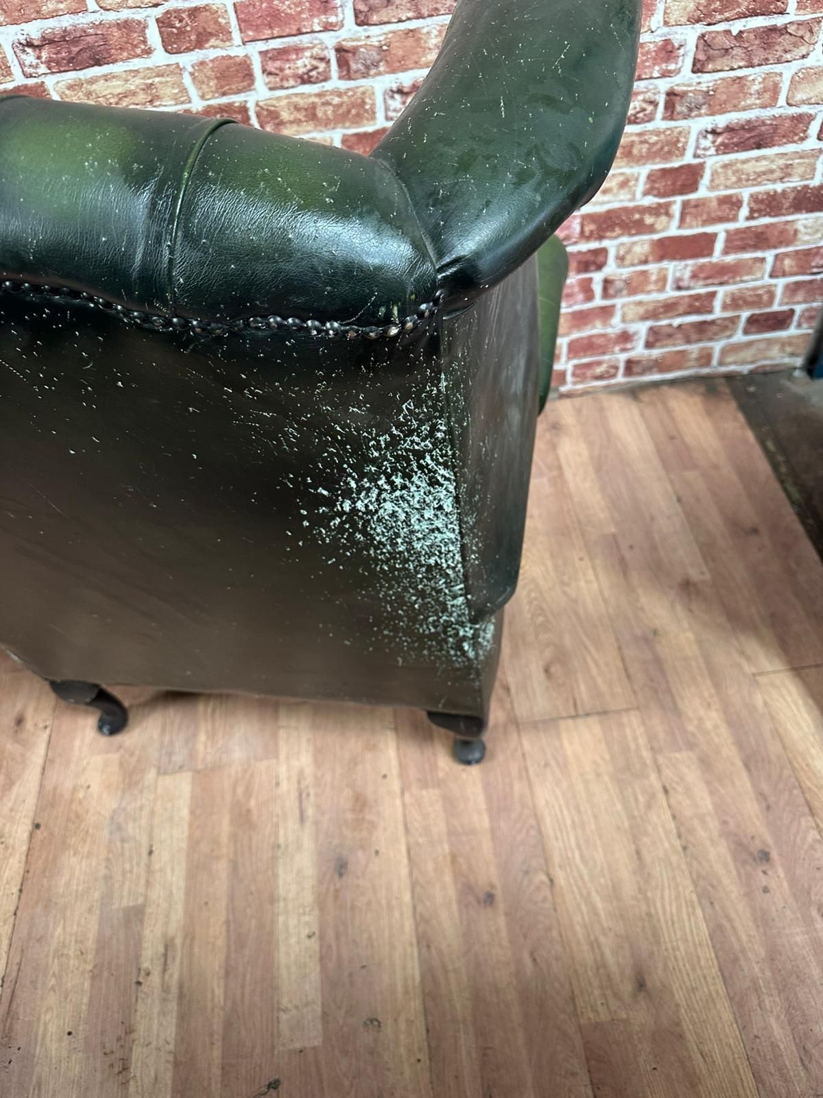 Vintage Green Leather Chesterfield Wingback Armchair – Aged Patina photo for sale