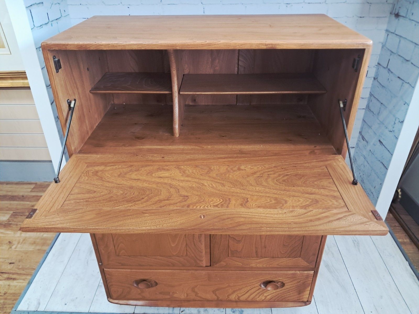 Mid Century Ercol Drinks Cabinet Writing Bureau Laptop Desk Workstation Elm photo vinterior