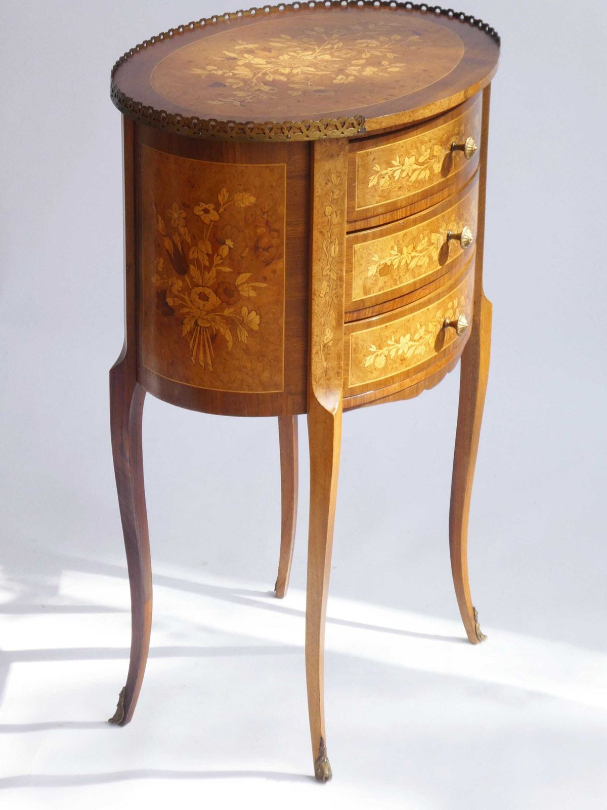 Oval French Inlaid Louis XV Nightstand, Antique Marquetry Side Table, Chest With Drawers And Floral Details photo vinterior