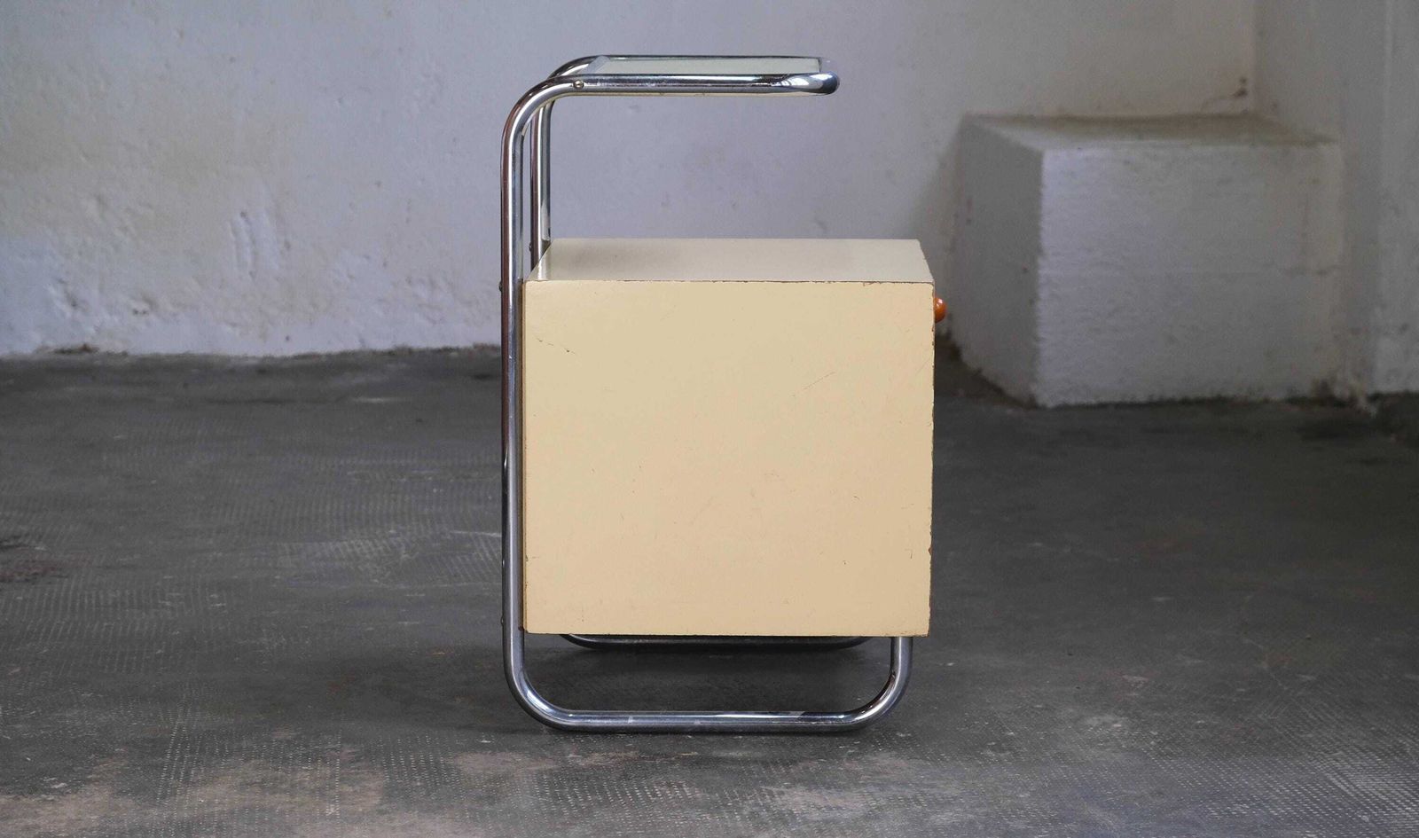 Bauhaus Bedside Table With Glass Top In Cream White / Sand Color photo Furniture