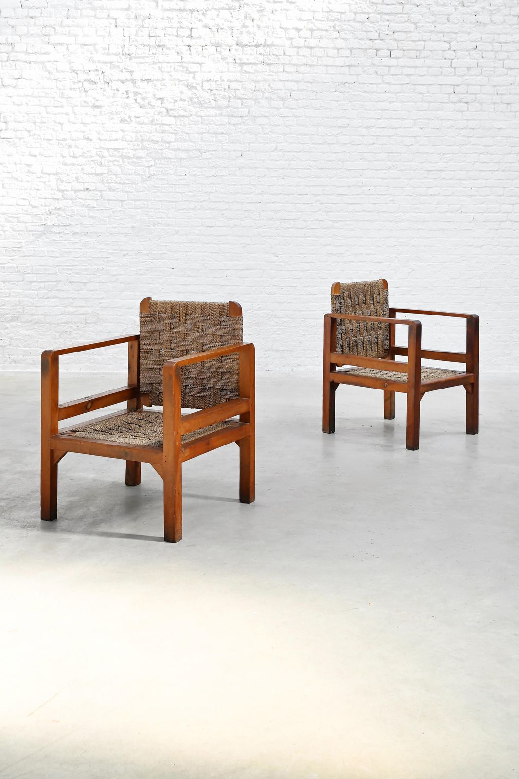 Pair Of French Oak And Woven Straw Armchairs, France, 1960s photo furniture