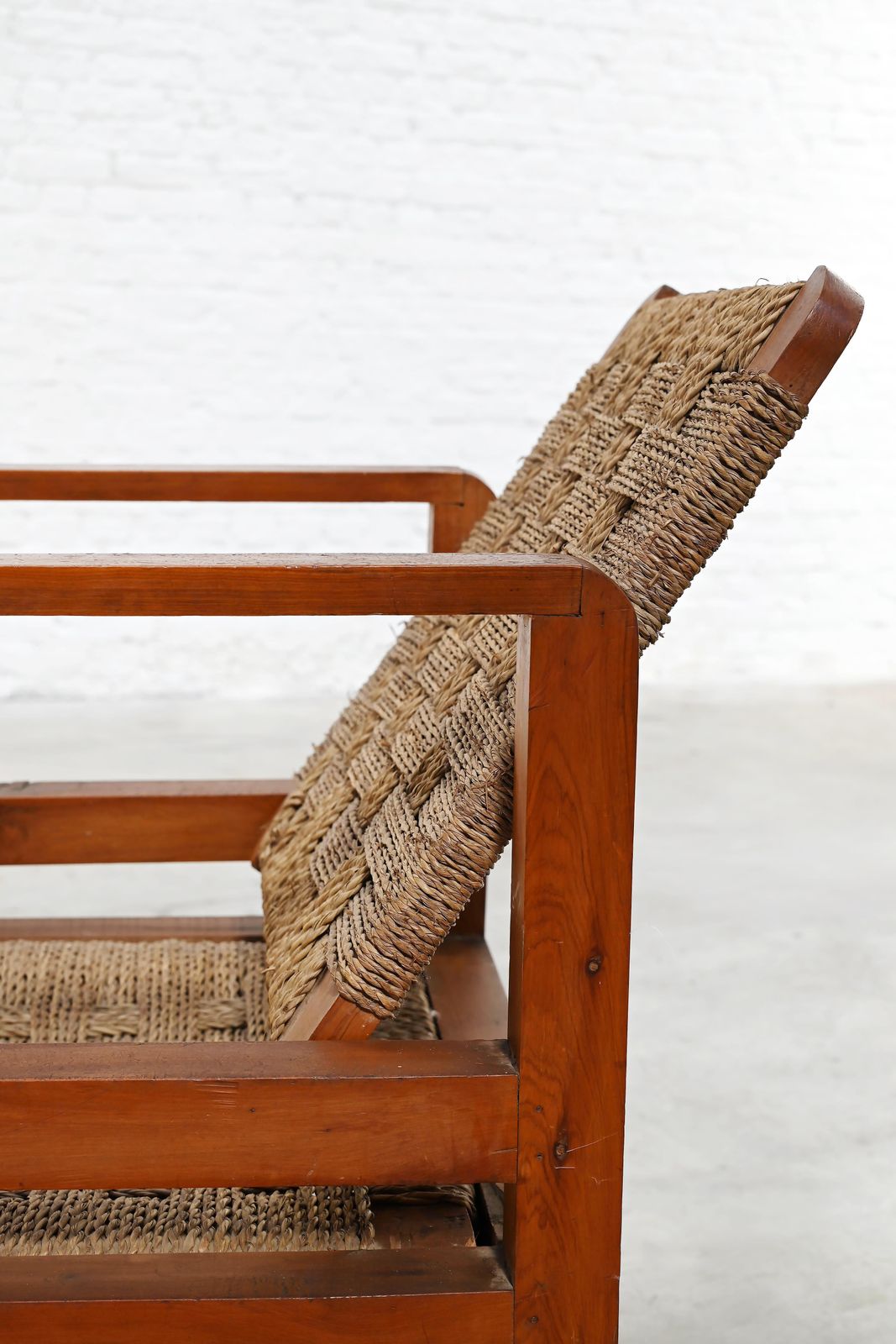 Pair Of French Oak And Woven Straw Armchairs, France, 1960s photo vintage