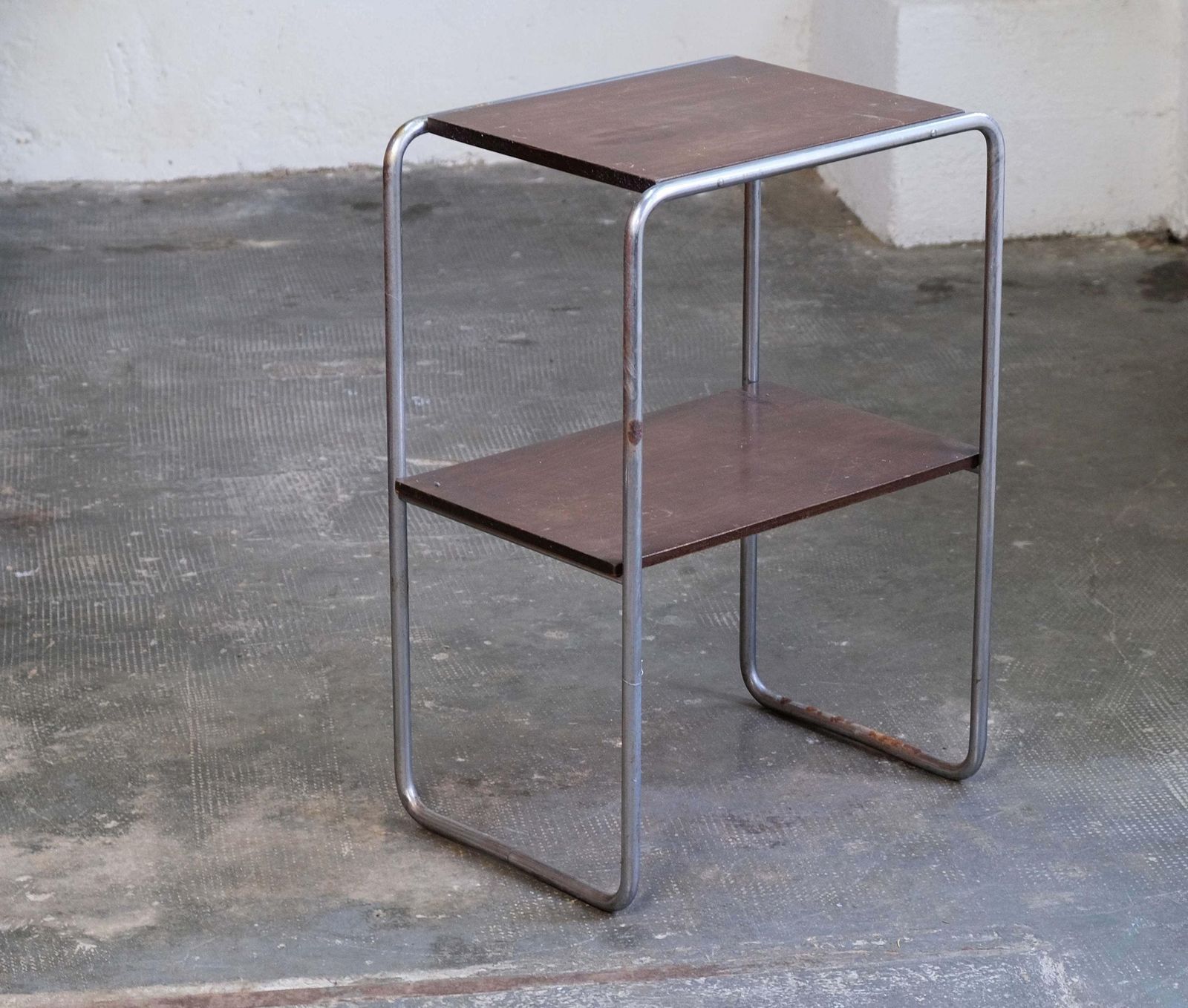 Narrow Bauhaus Side Table With Brown Wooden Shelves