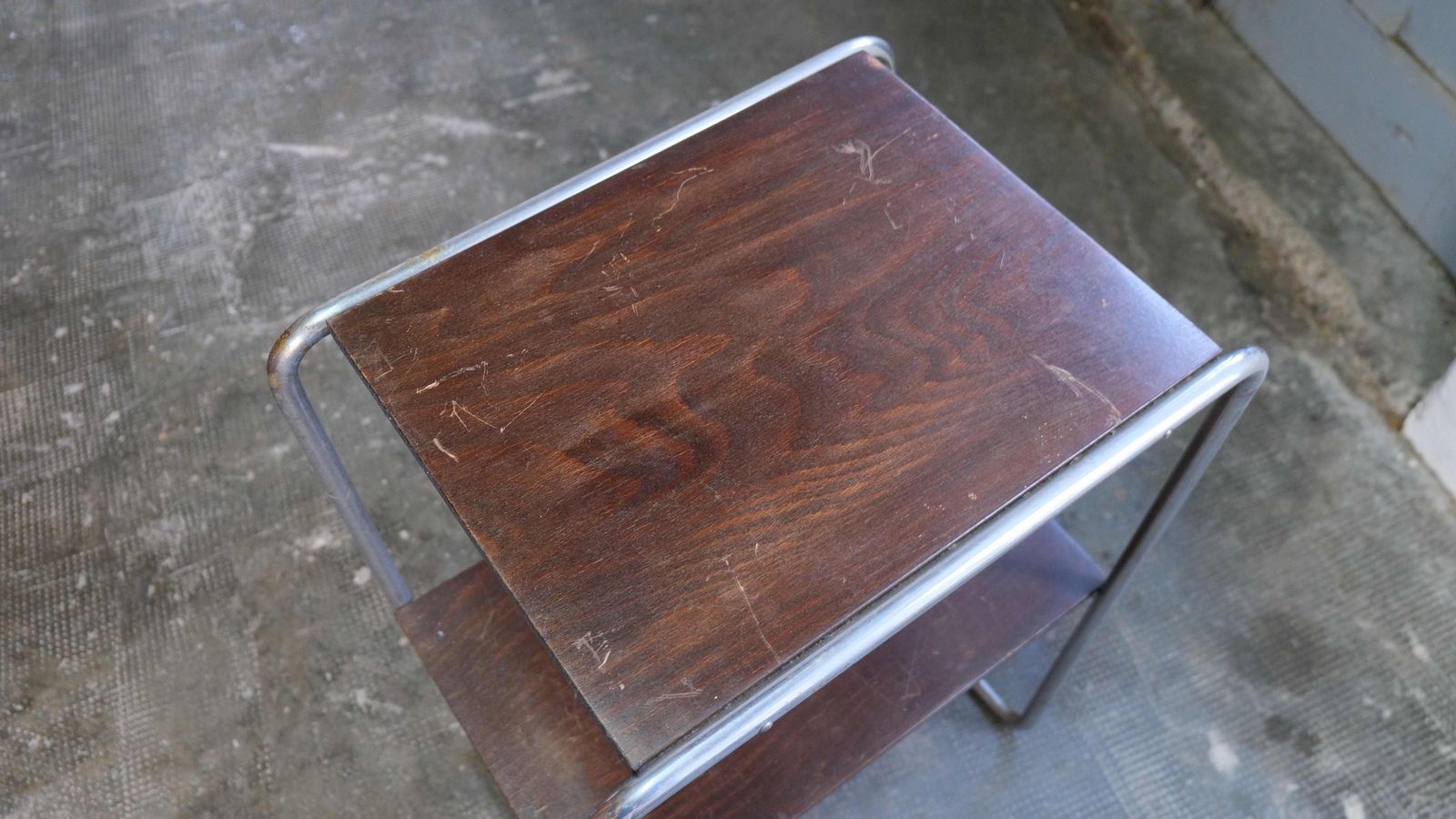 Narrow Bauhaus Side Table With Brown Wooden Shelves photo for sale