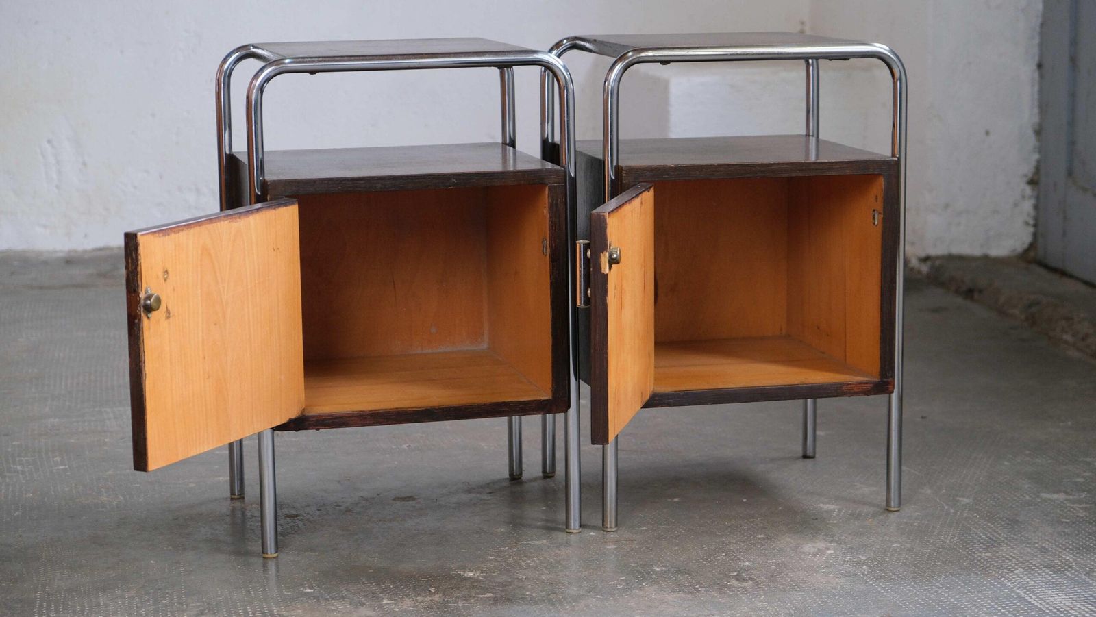 1 Of 2 Bauhaus Bedside Tables In Dark Brown photo for sale