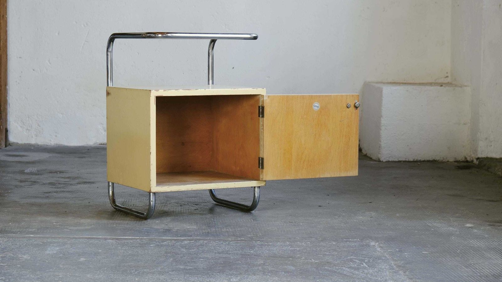 Tubular Steel Bedside Table In Bauhaus Style In Ivory photo vinterior