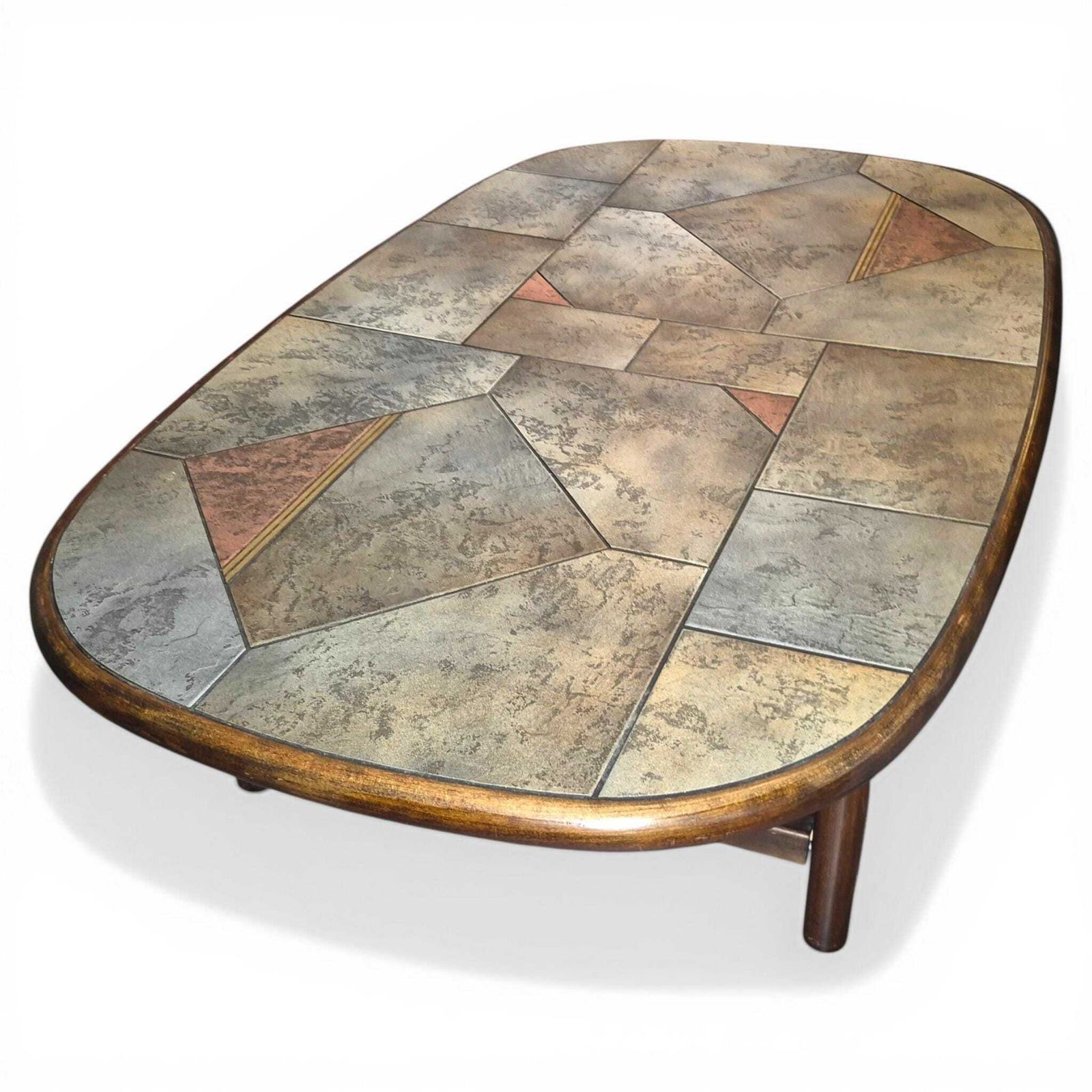495.0 Brutalist Slate Coffee Table Paul Kingma Style Vintage 1970s Stone Copper Mosaic Mid Century Modern Large Statement Table photo