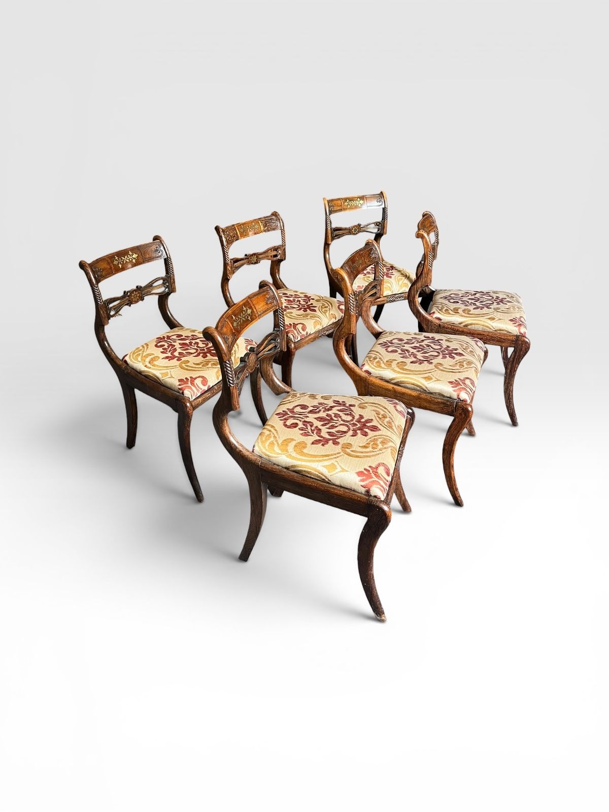 A Set Of Six Regency Faux Rosewood Brass Inlay Dining Chairs photo for sale