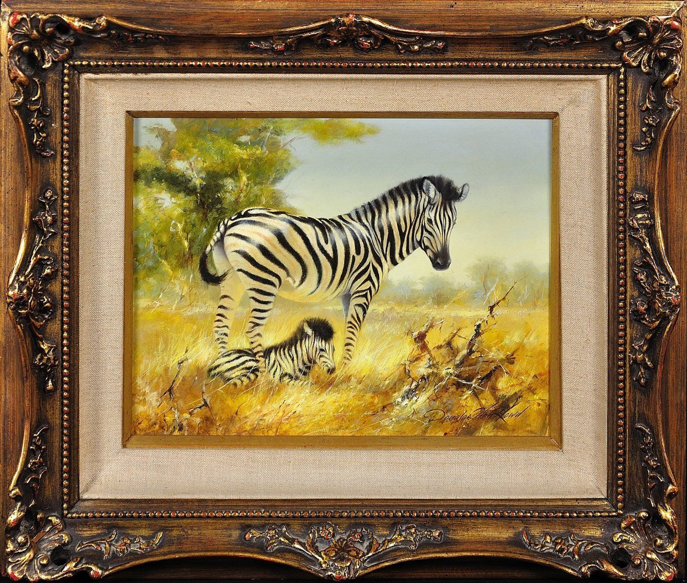 Douglas Van Howd B.1935. Zebra Mare And Foal. Framed Oil Painting.. African Wildlife Scene. Safari. Californian Based Artist & Sculptor.