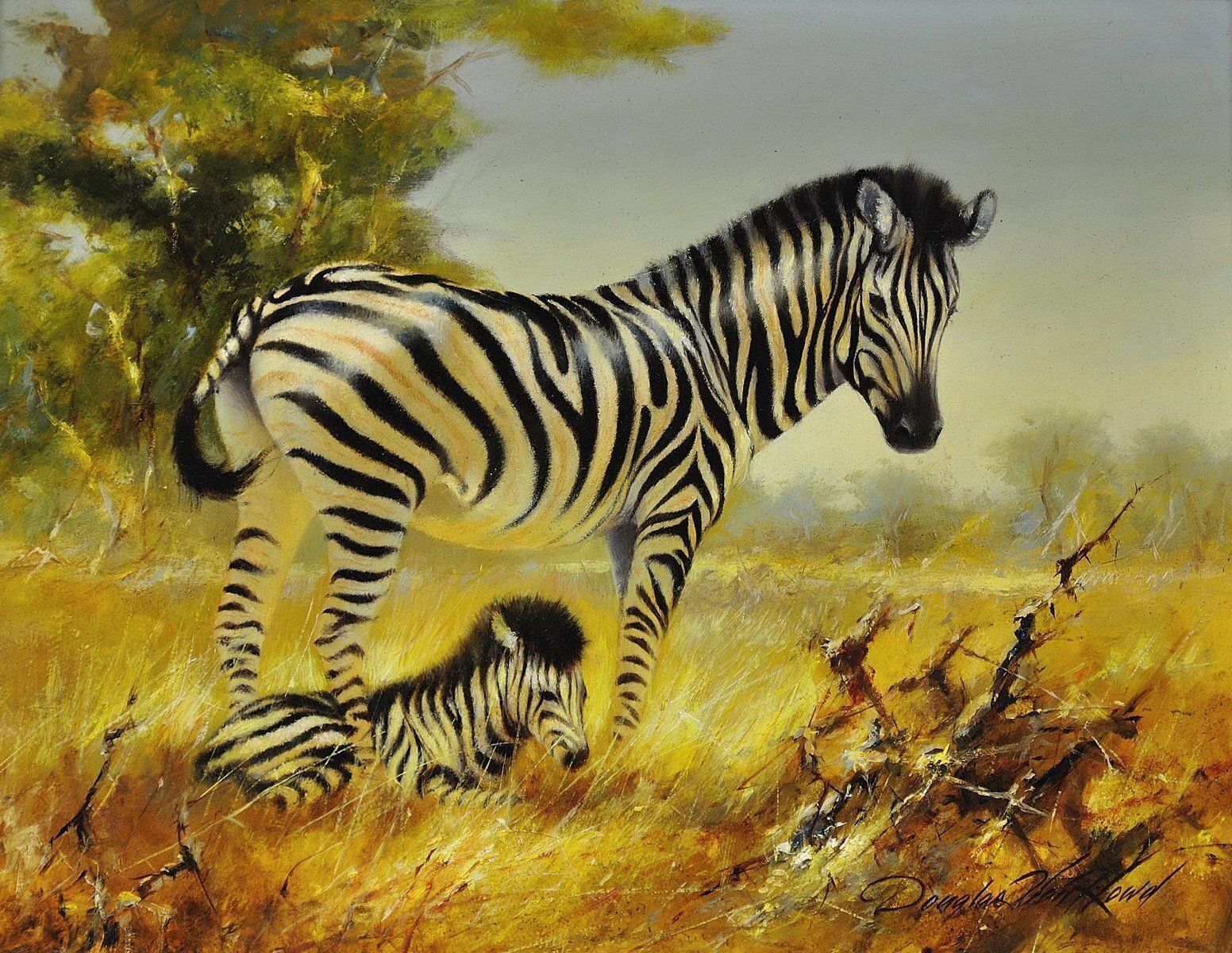 Douglas Van Howd, né en 1935. Zèbre, jument et poulain. Huile encadrée. Scène de faune africaine. Safari. Artiste et sculpteur basé en Californie. photo furniture