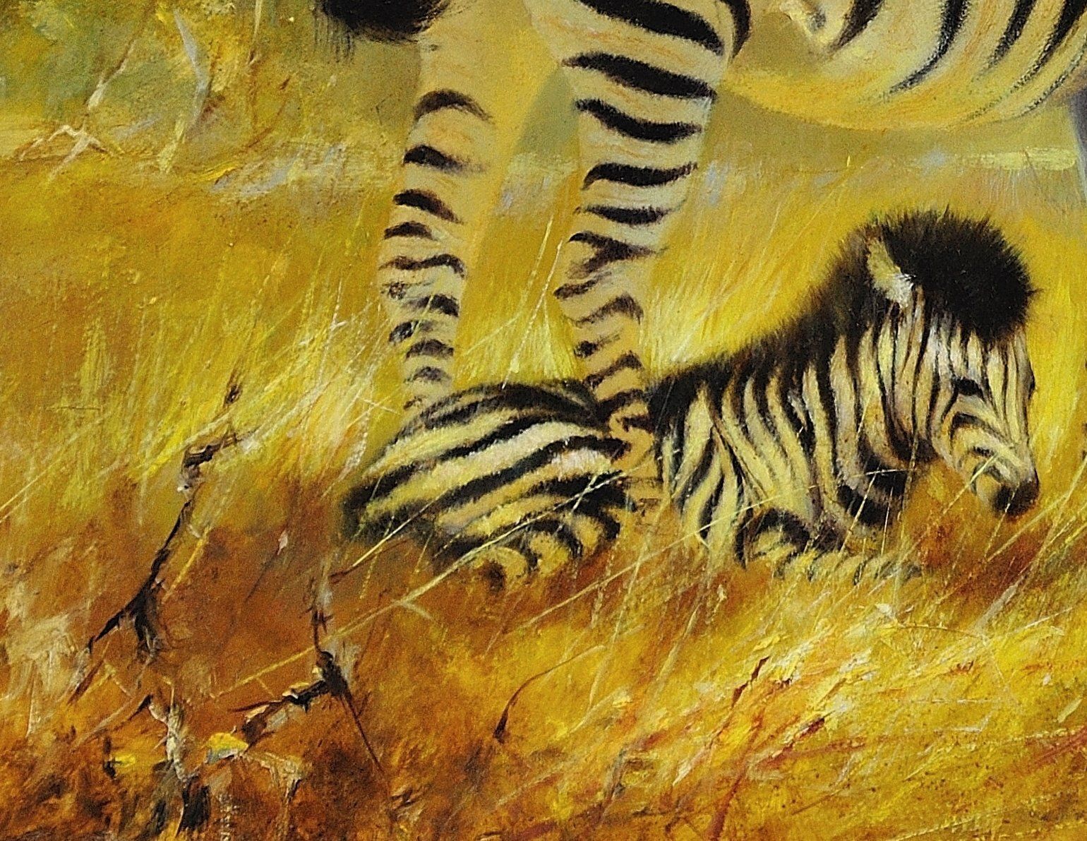 Douglas Van Howd, né en 1935. Zèbre, jument et poulain. Huile encadrée. Scène de faune africaine. Safari. Artiste et sculpteur basé en Californie. photo vintage