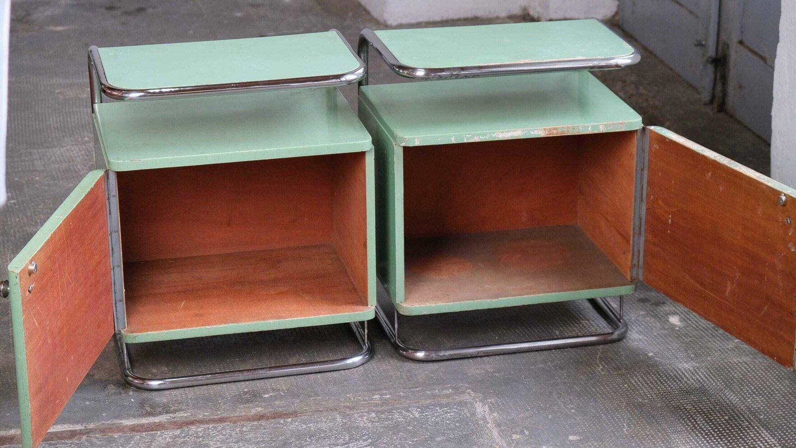 Set Of Two Bauhaus Bedside Tables In Mint Green photo Furniture