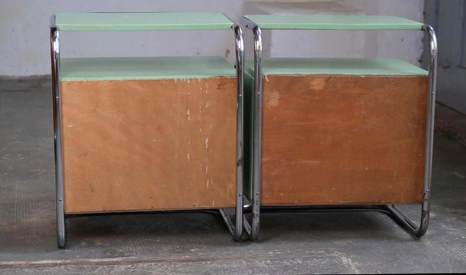 Set Of Two Bauhaus Bedside Tables In Mint Green photo vintage